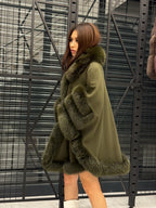 Khaki Cashmere Cape With Fur Trim, Women’s Wool Shawl Front Skirt - Fox Fur Jacket