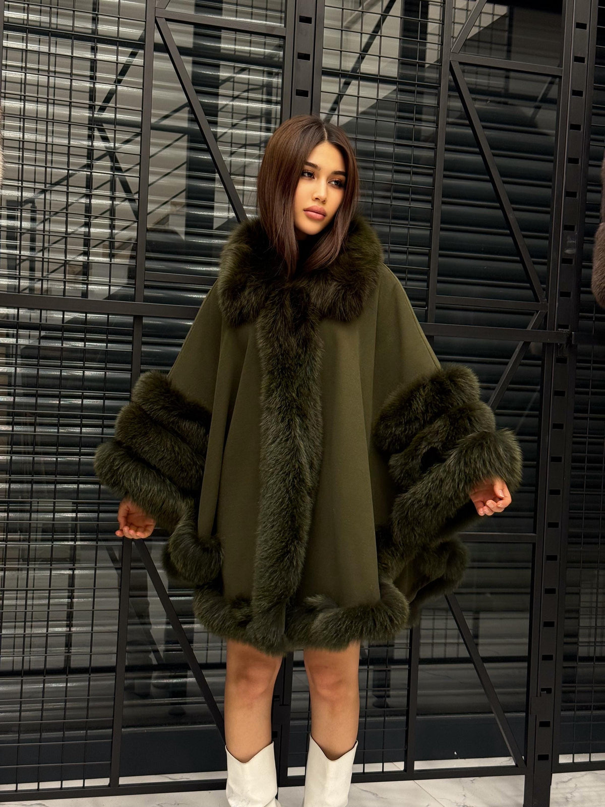Khaki Cashmere Cape With Fur Trim, Women’s Wool Shawl Front Skirt - Fox Fur Jacket