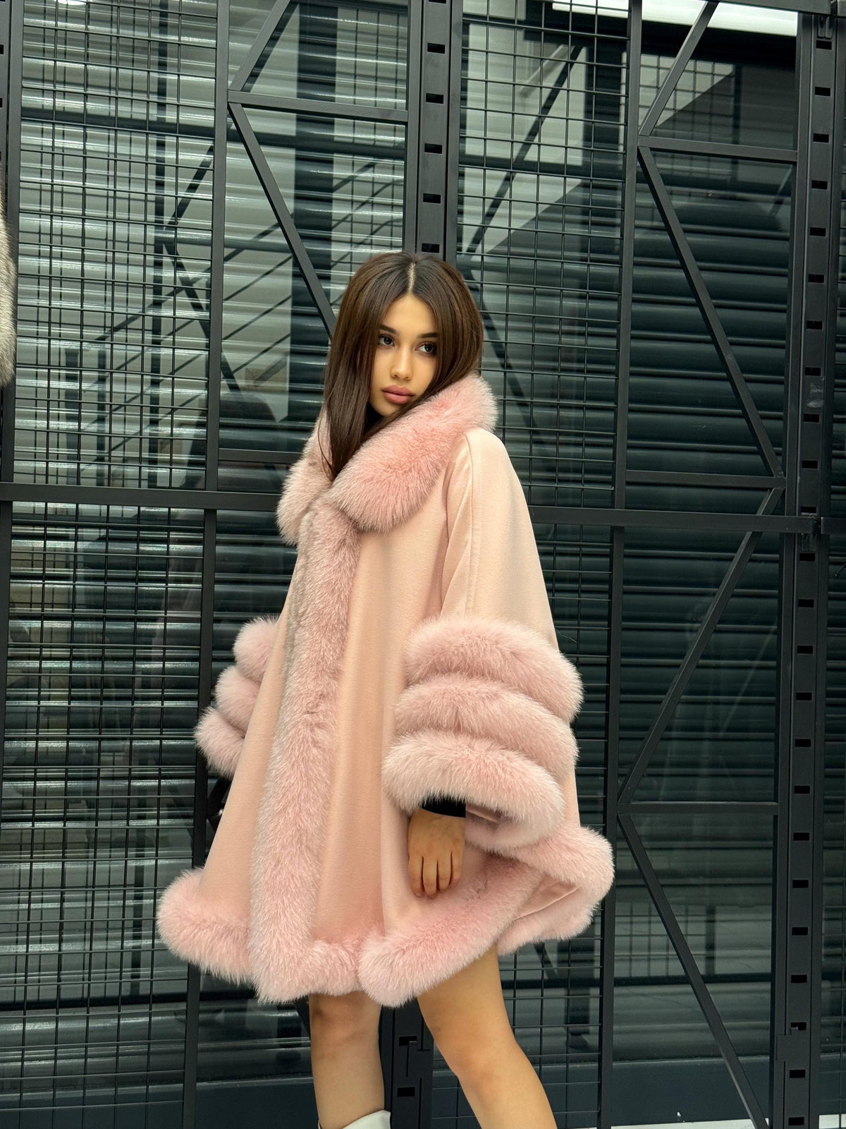 Pink Cashmere Cape With Fur Trim, Women’s Plus Size Fox Fur Jacket