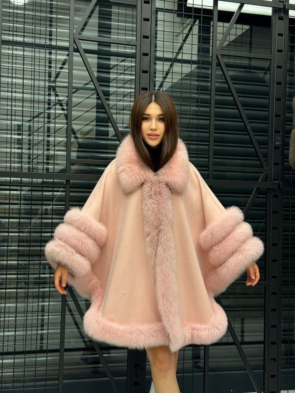 Pink Cashmere Cape With Fur Trim, Women’s Plus Size Fox Fur Jacket