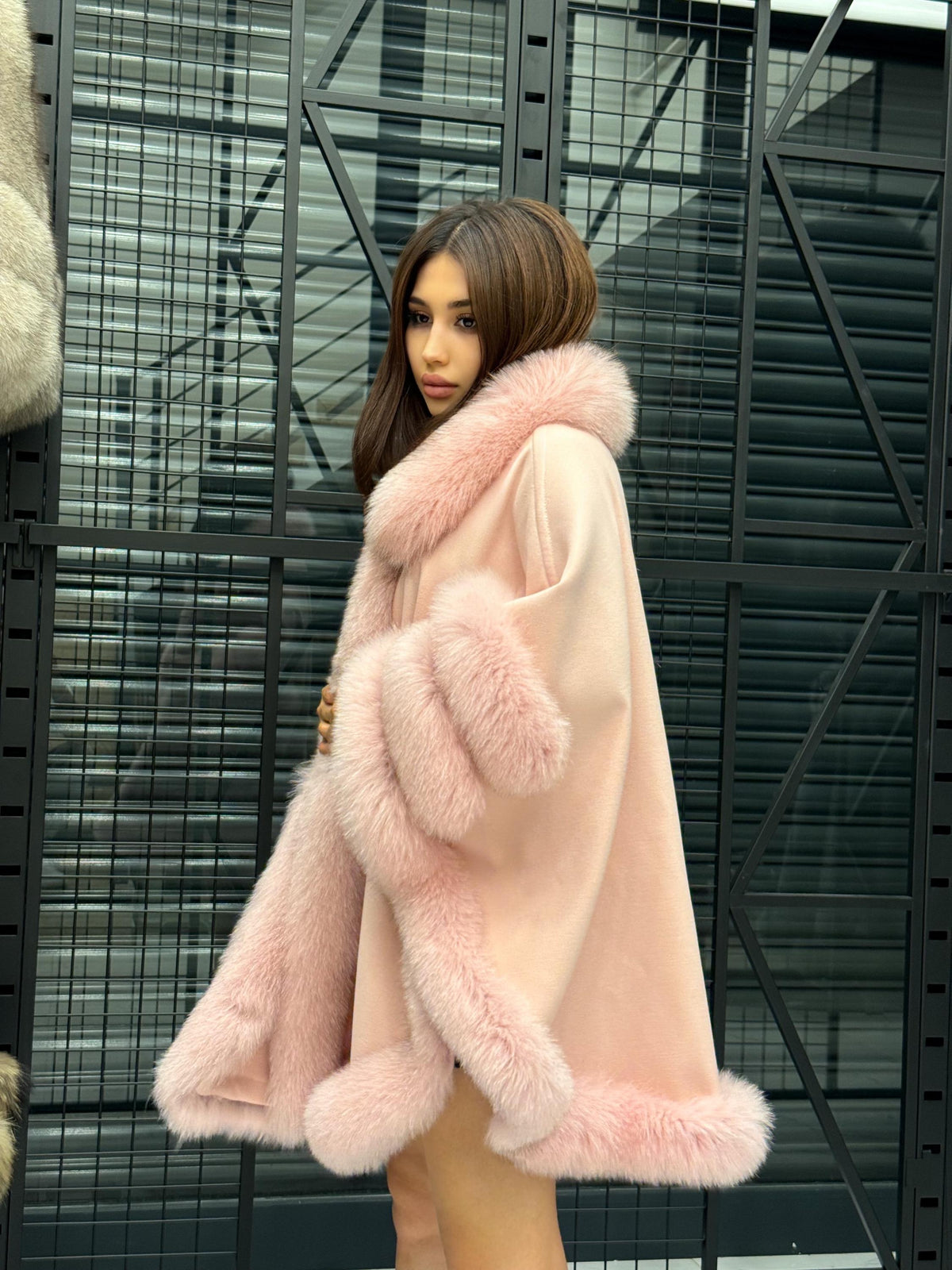 Pink Cashmere Cape With Fur Trim, Women’s Plus Size Fox Fur Jacket