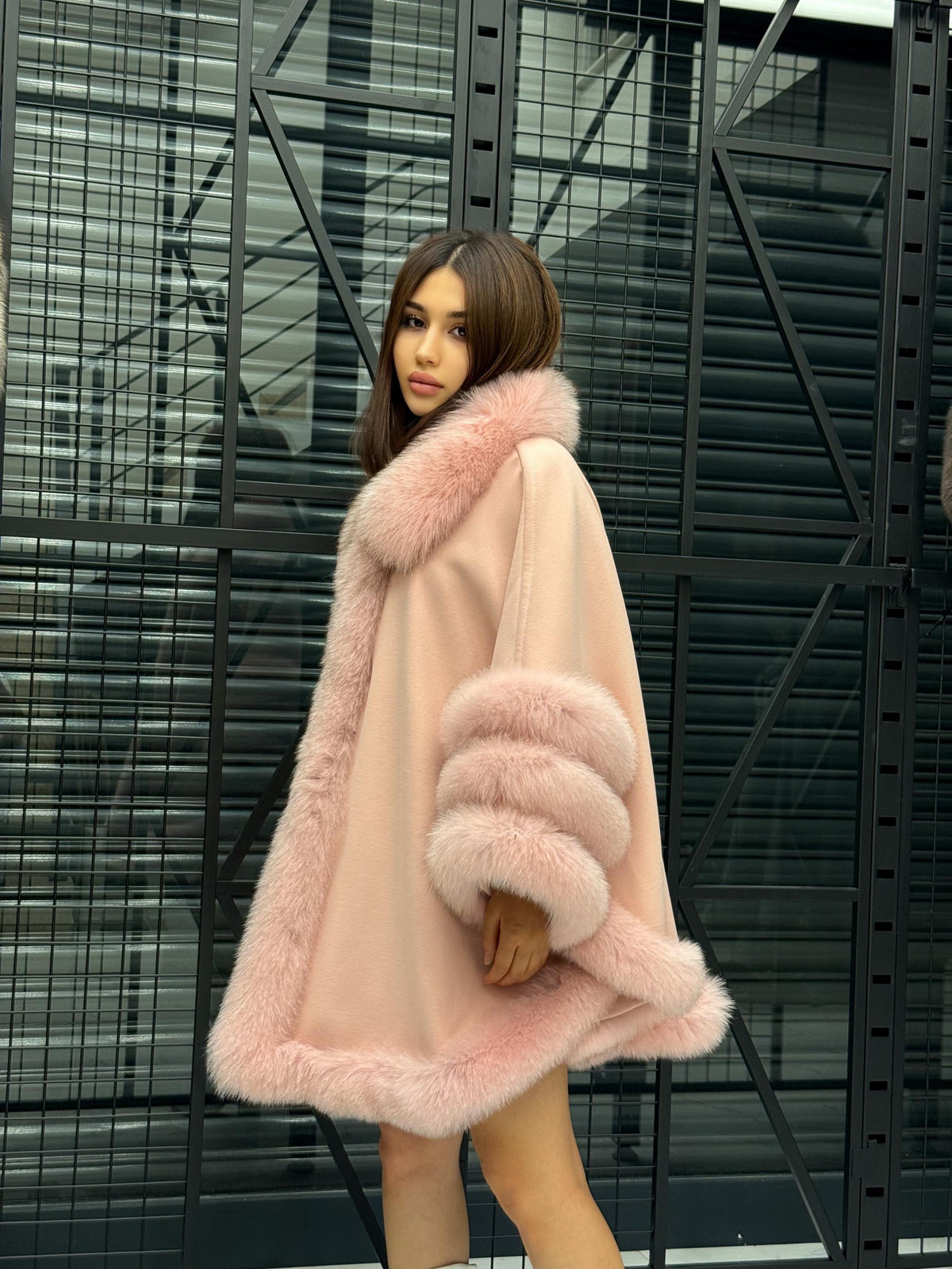 Pink Cashmere Cape With Fur Trim, Women’s Plus Size Fox Fur Jacket