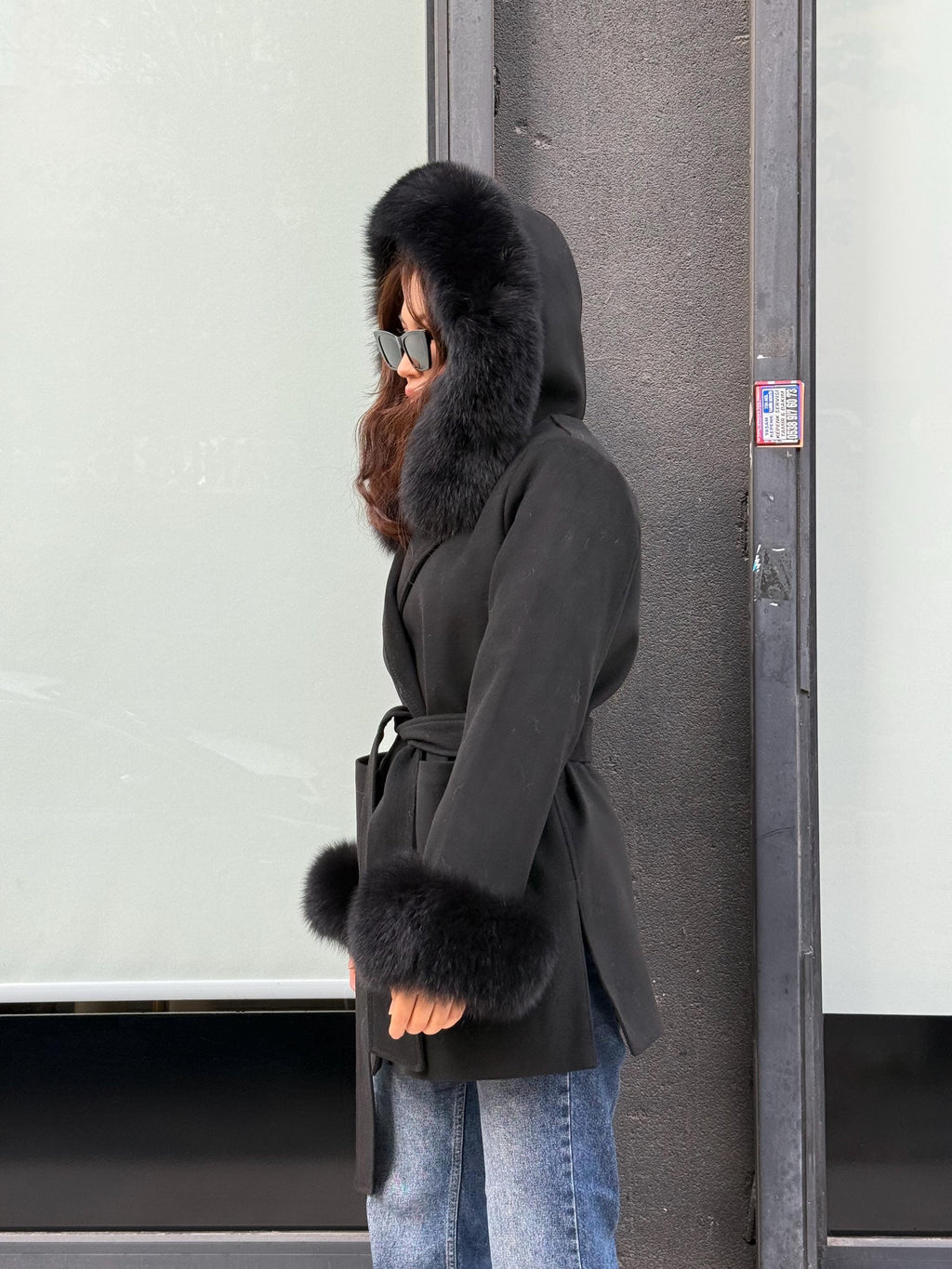 Women’s Black Cashmere Coat, Handmade Short Hood Cuffs - Fox Fur Jacket