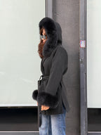 Women’s Black Cashmere Coat, Handmade Short Hood Cuffs - Fox Fur Jacket