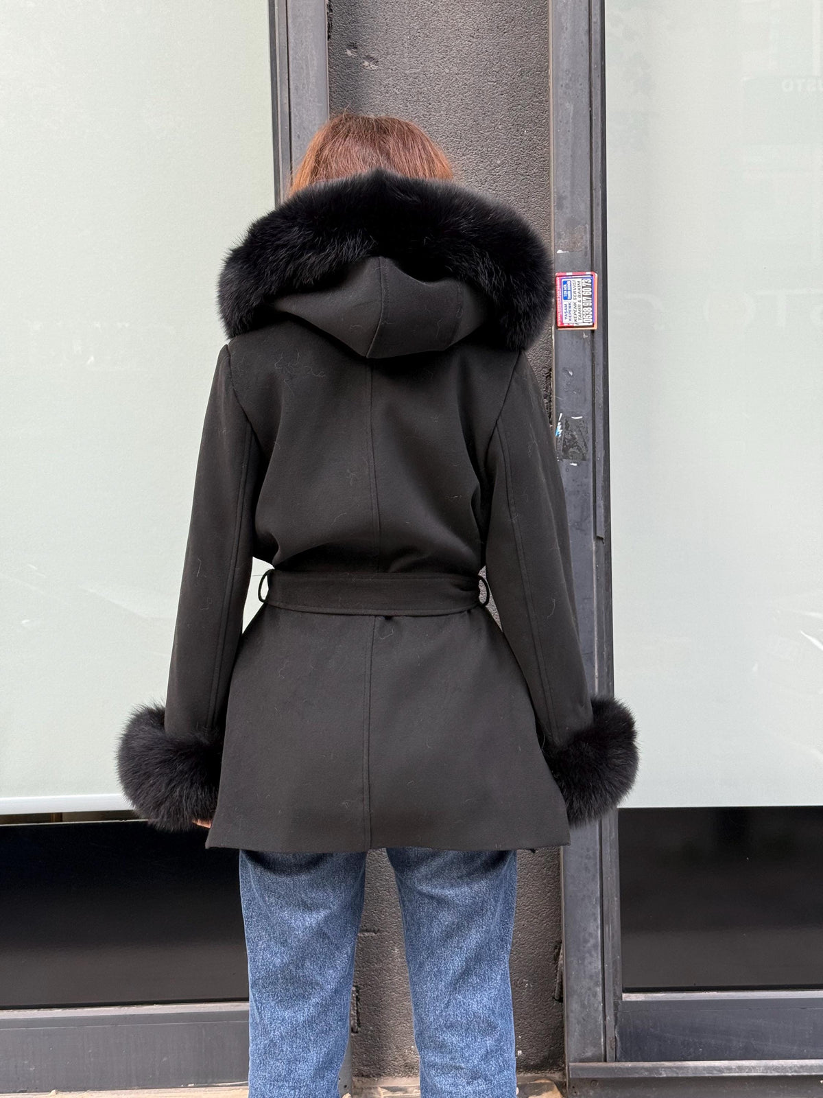 Women’s Black Cashmere Coat, Handmade Short Hood Cuffs - Fox Fur Jacket