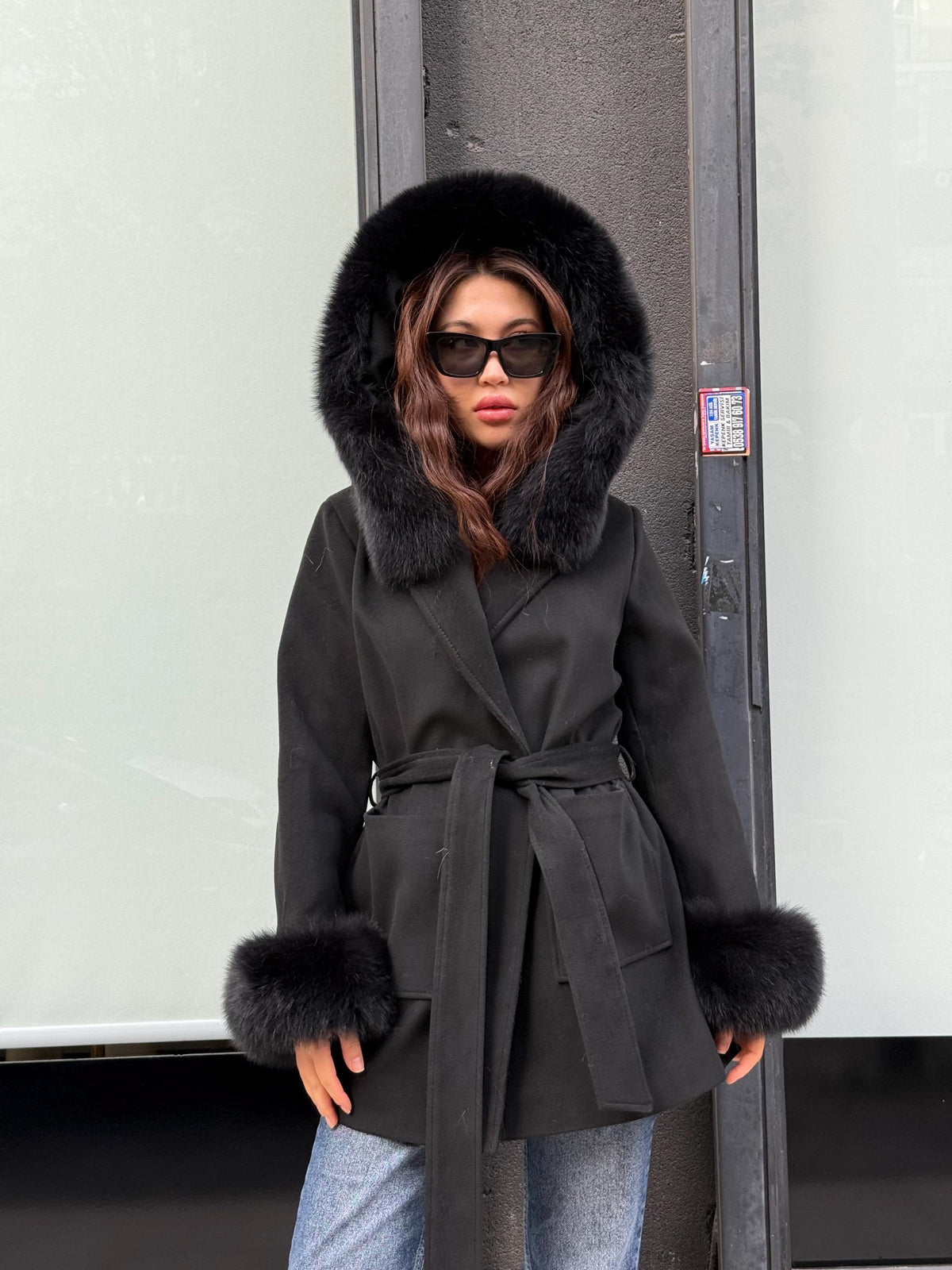 Women’s Black Cashmere Coat, Handmade Short Hood Cuffs - Fox Fur Jacket