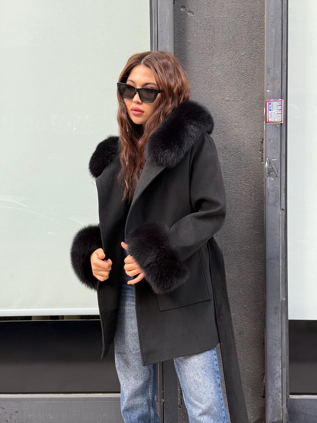 Women’s Black Cashmere Coat, Handmade Short Hood Cuffs - Fox Fur Jacket