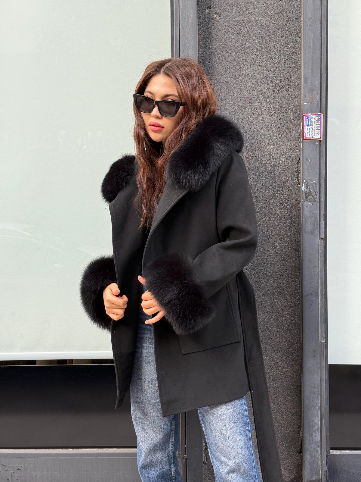 Women’s Black Cashmere Coat, Handmade Short Hood Cuffs - Fox Fur Jacket