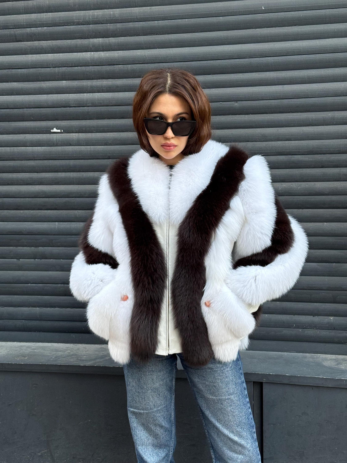 Women Fox Fur Jacket, Slimfit Short White-Brown Fox Fur Coat