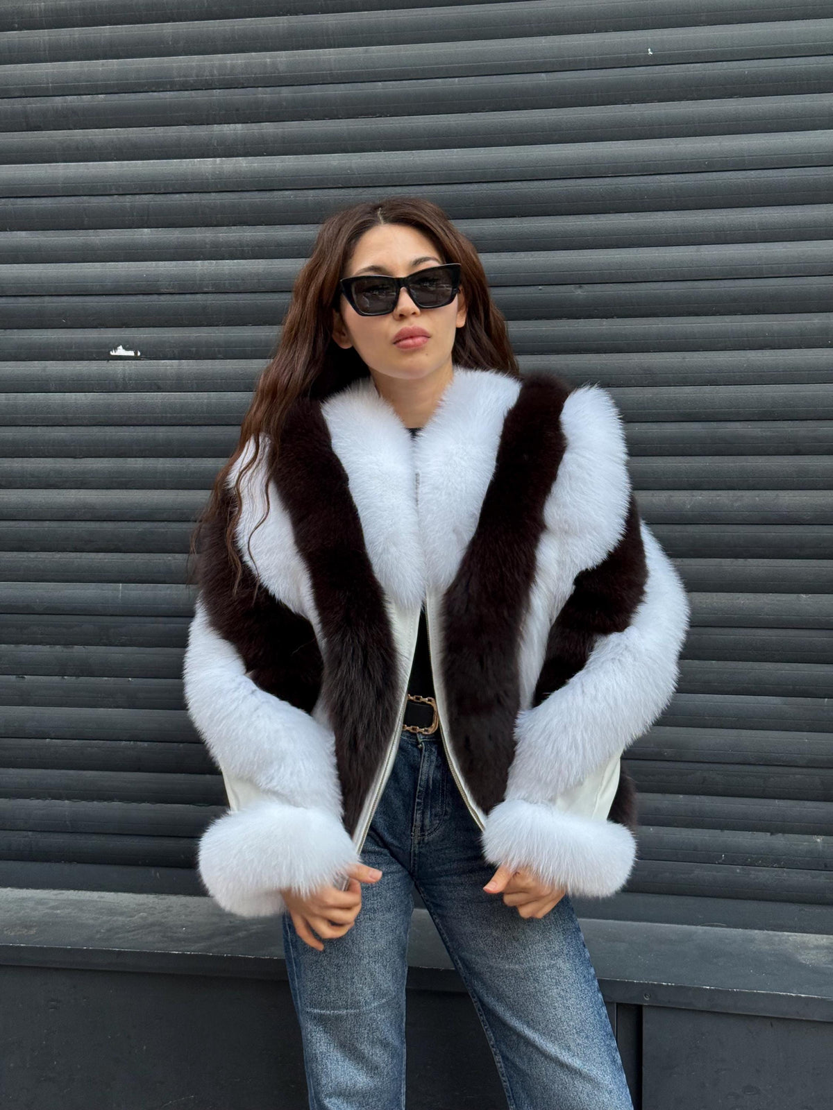 Women Fox Fur Jacket, Slimfit Short White-Brown Fox Fur Coat