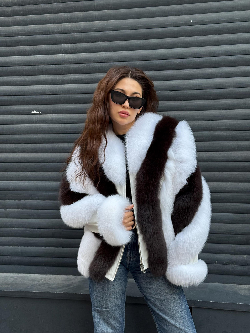 Women Fox Fur Jacket, Slimfit Short White-Brown Fox Fur Coat
