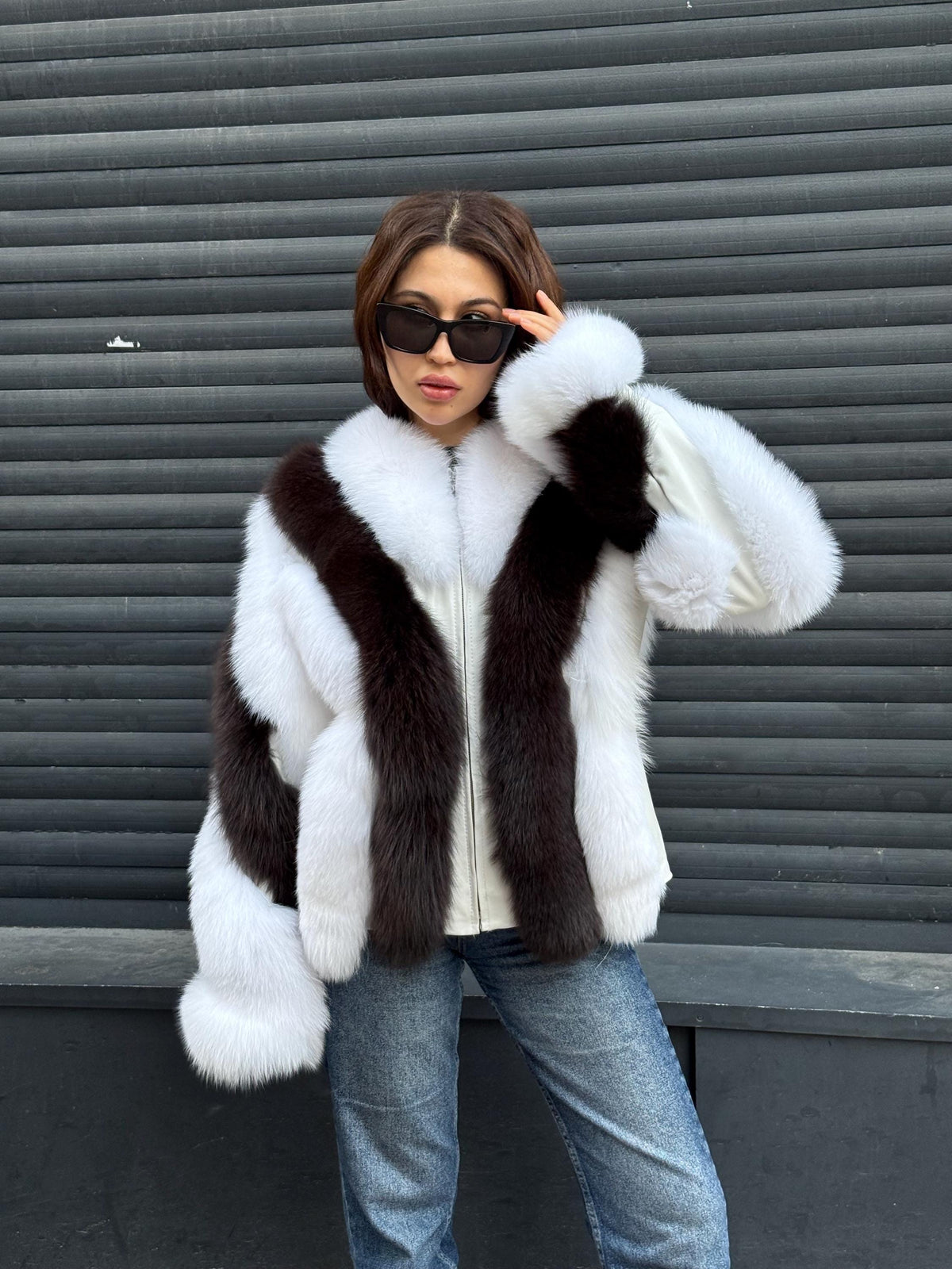 Women Fox Fur Jacket, Slimfit Short White-Brown Fox Fur Coat