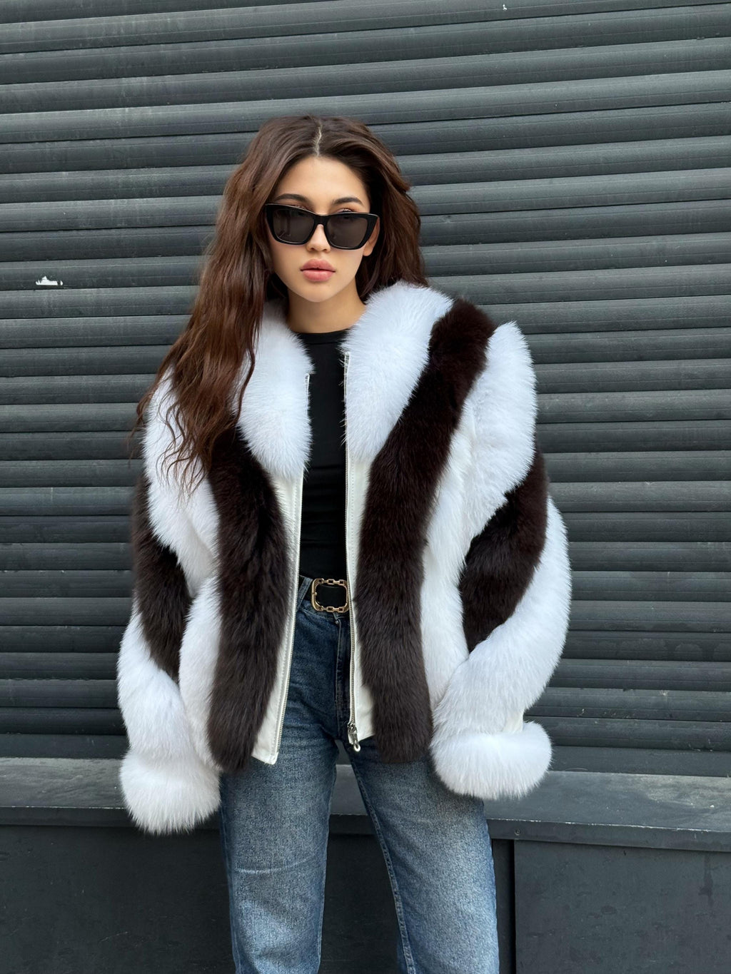 Women Fox Fur Jacket, Slimfit Short White-Brown Fox Fur Coat