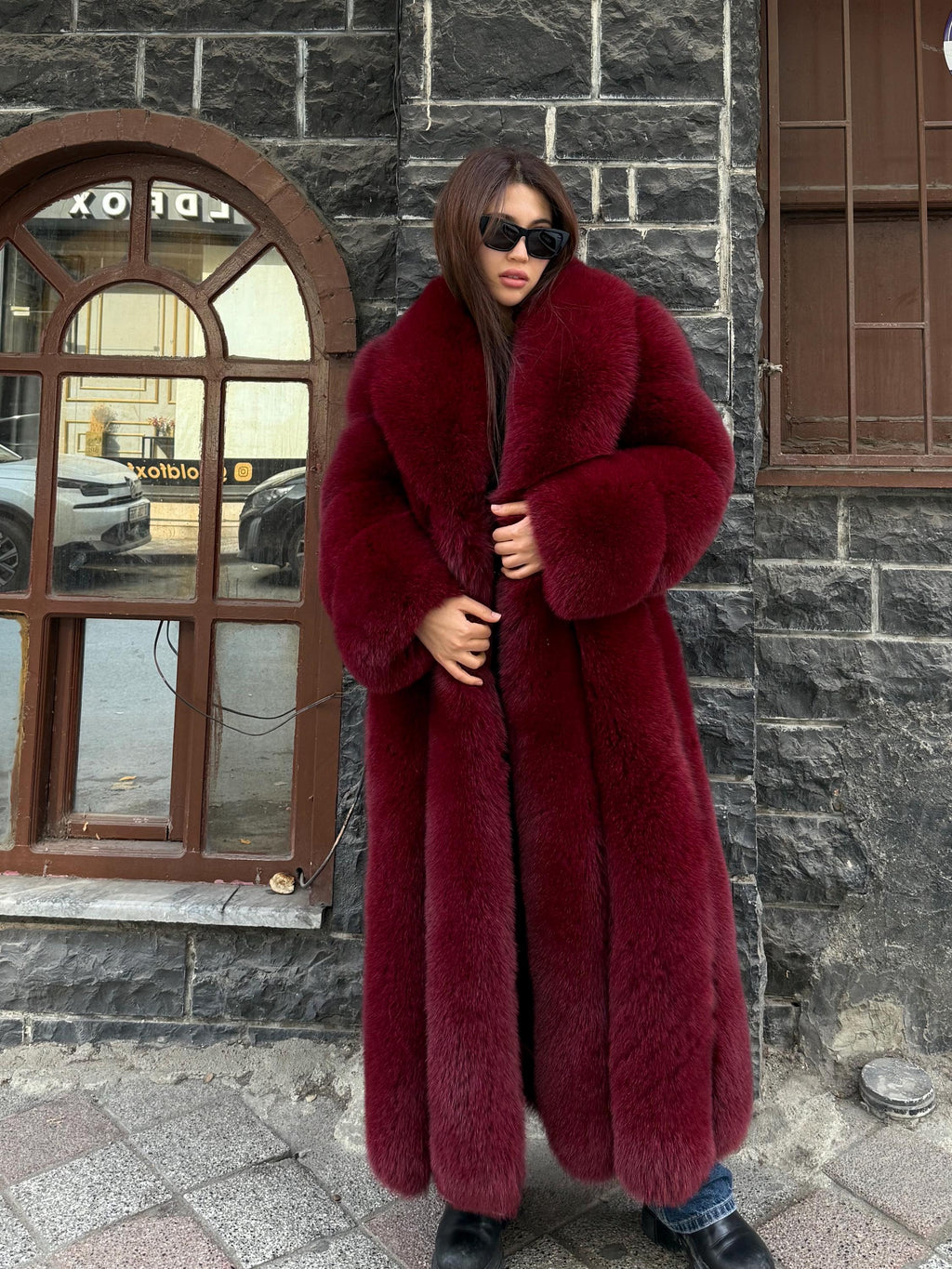 Long Burgundy Fox Fur Coat, Unisex Luxury Winter Fox Fur Jacket