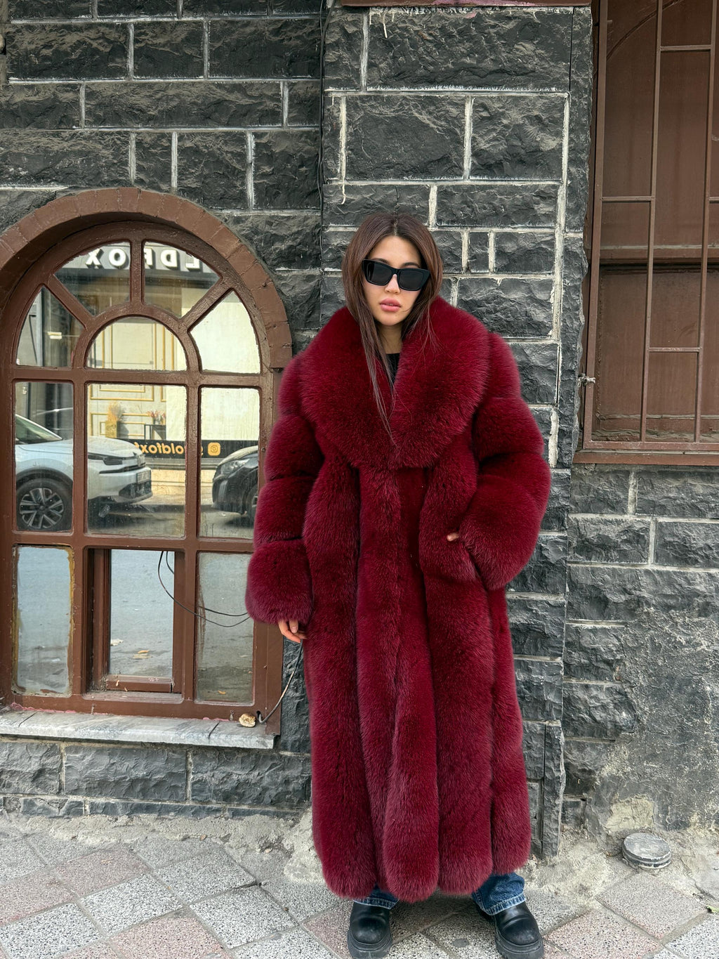Long Burgundy Fox Fur Coat, Unisex Luxury Winter Fox Fur Jacket