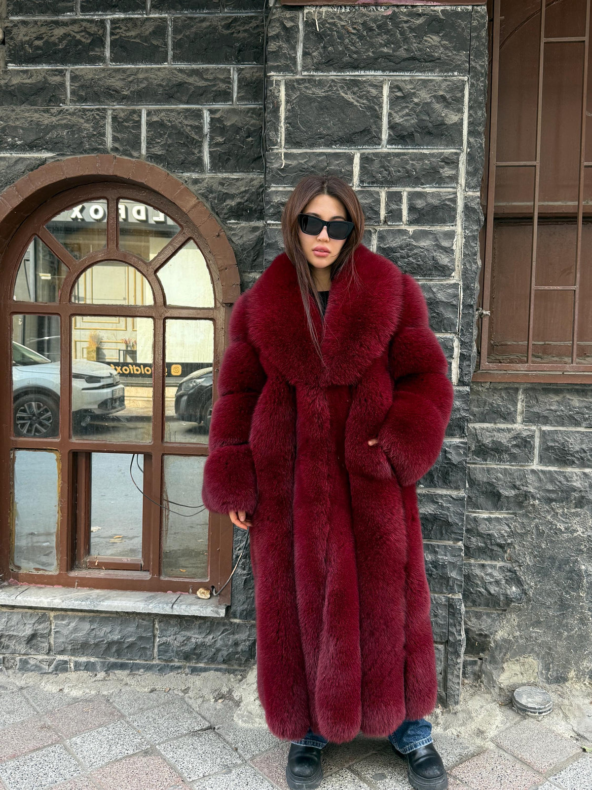 Long Burgundy Fox Fur Coat, Unisex Luxury Winter Fox Fur Jacket