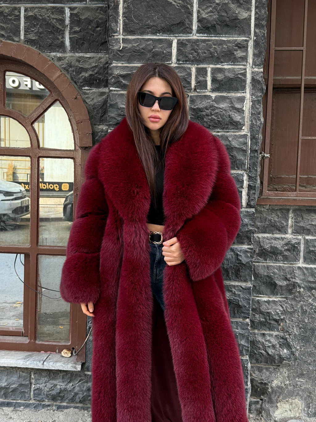 Long Burgundy Fox Fur Coat, Unisex Luxury Winter Fox Fur Jacket