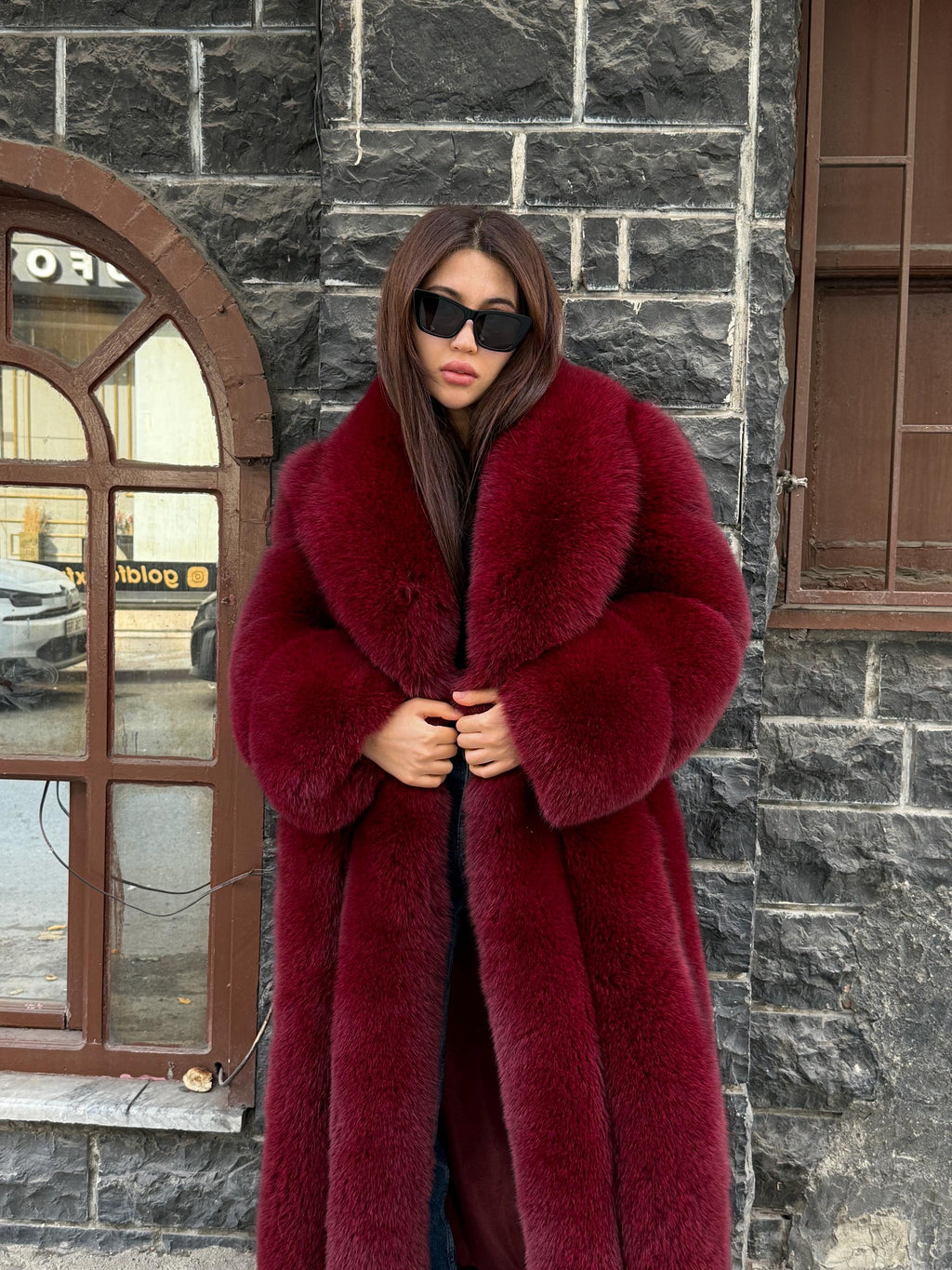 Long Burgundy Fox Fur Coat, Unisex Luxury Winter Fox Fur Jacket