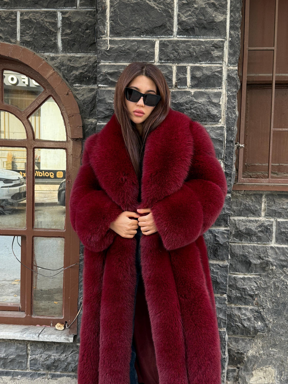 Long Burgundy Fox Fur Coat, Unisex Luxury Winter Fox Fur Jacket