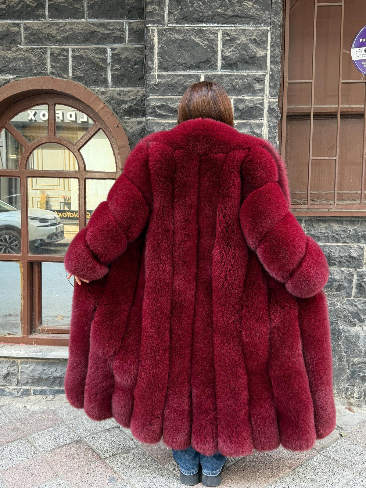 Long Burgundy Fox Fur Coat, Unisex Luxury Winter Fox Fur Jacket