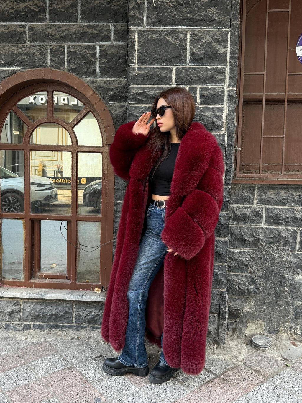 Long Burgundy Fox Fur Coat, Unisex Luxury Winter Fox Fur Jacket