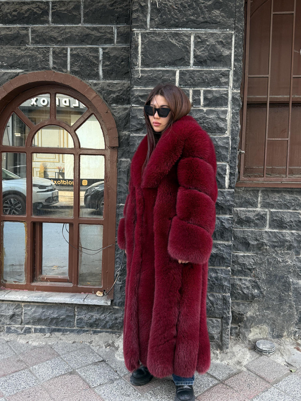 Long Burgundy Fox Fur Coat, Unisex Luxury Winter Fox Fur Jacket