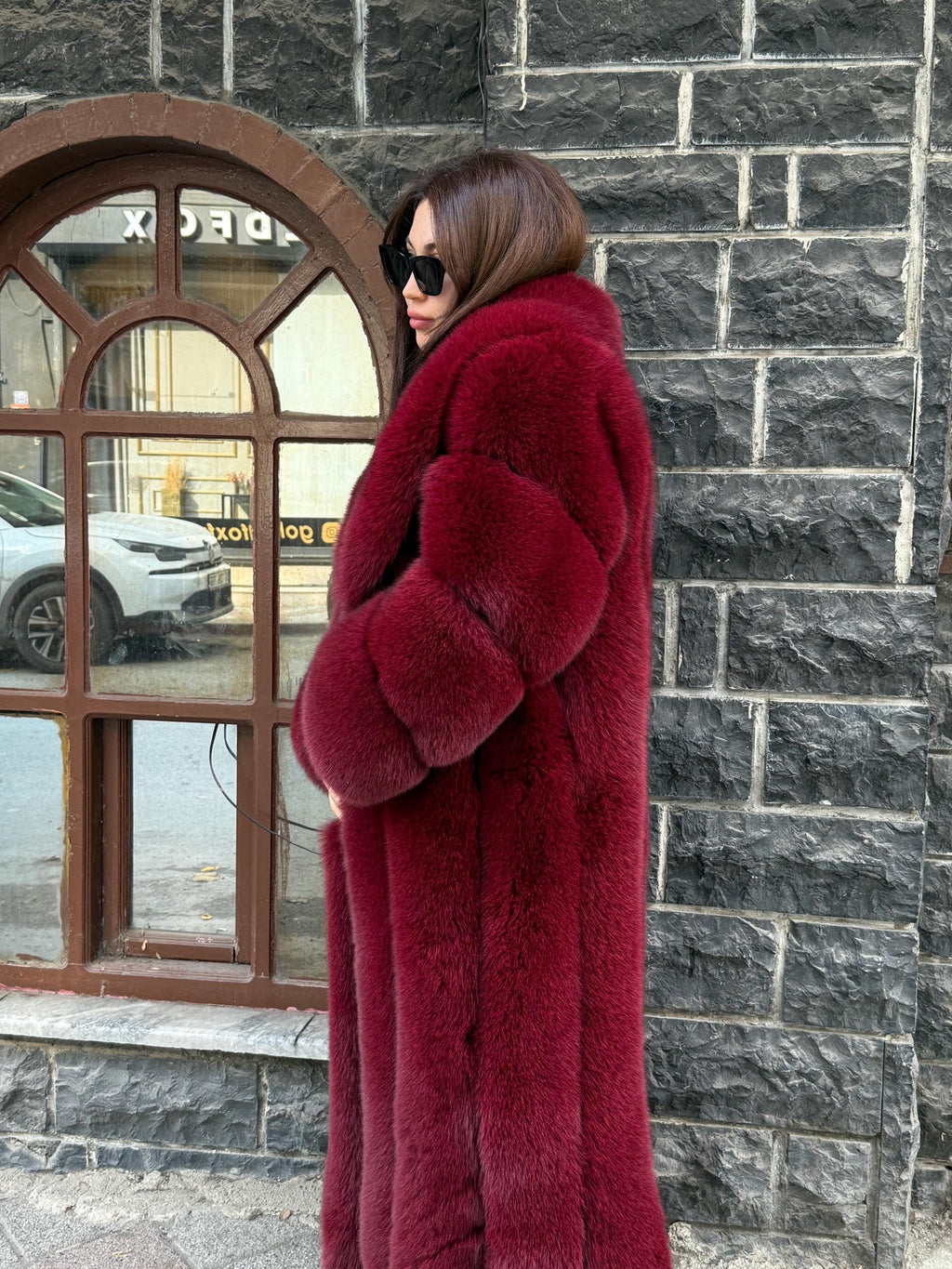 Long Burgundy Fox Fur Coat, Unisex Luxury Winter Fox Fur Jacket
