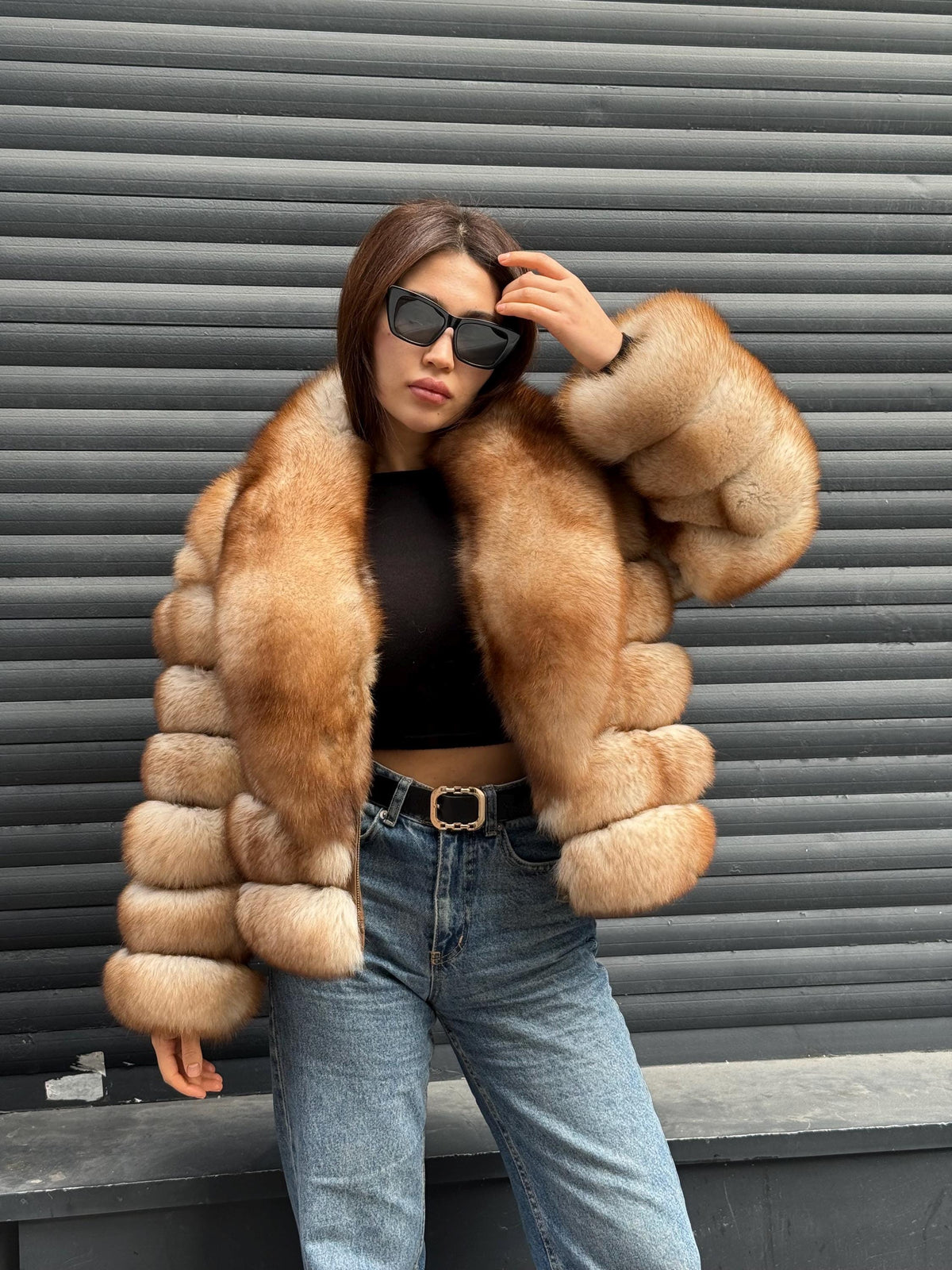 Tipink Beige Fox Fur Jacket: Short With Detachable Sleeves Fox Fur Coat, Women Fox Fur Jacket.. Soft Fox Fur