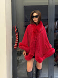 Red Cashmere Cape With Fox Fur, Front Skirt Fox Fur Jacket, Red Christmas Fantasy Cape, Women Fox Fur Jacket