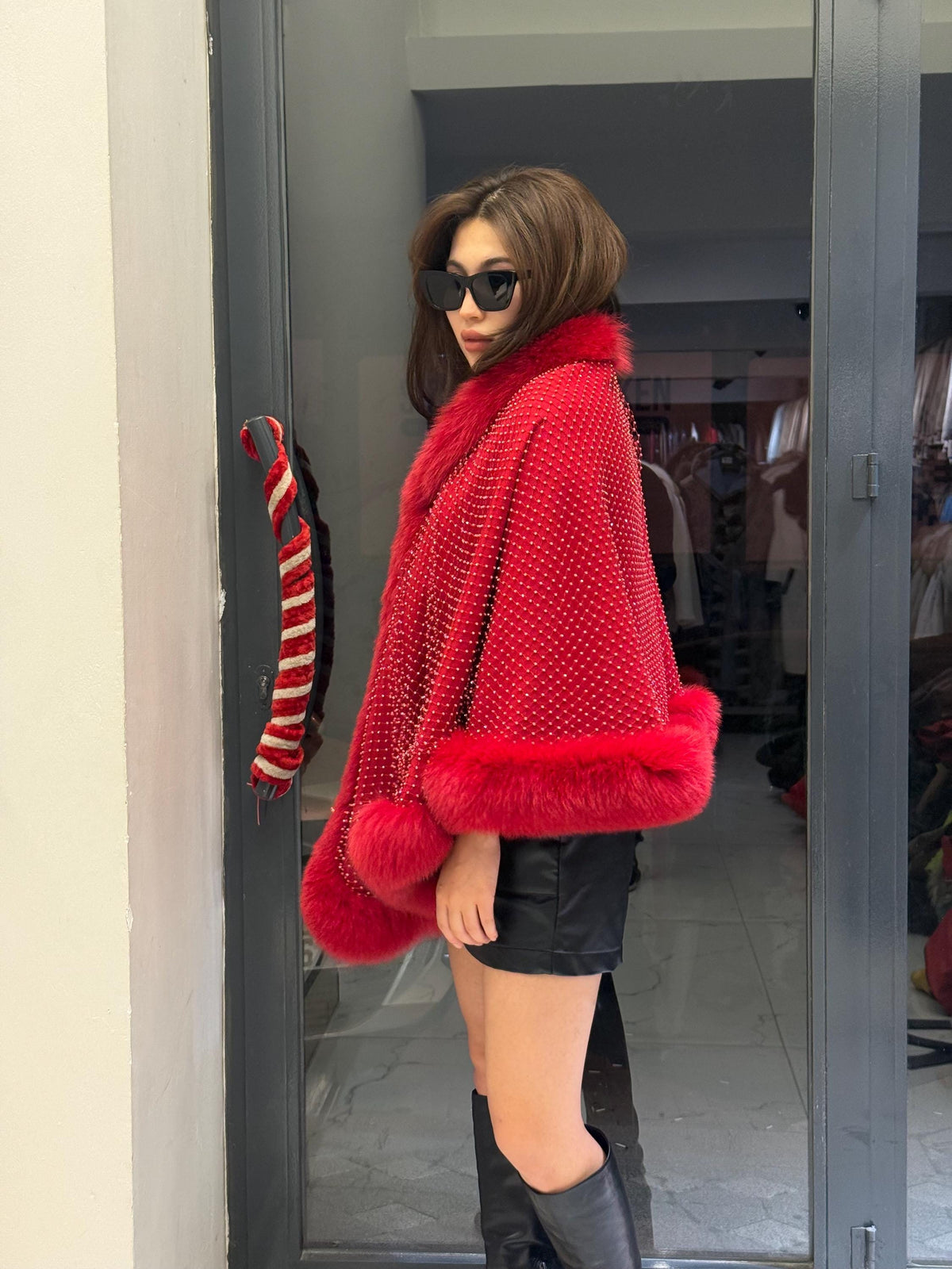 Red Cashmere Cape With Fox Fur, Front Skirt Fox Fur Jacket, Red Christmas Fantasy Cape, Women Fox Fur Jacket
