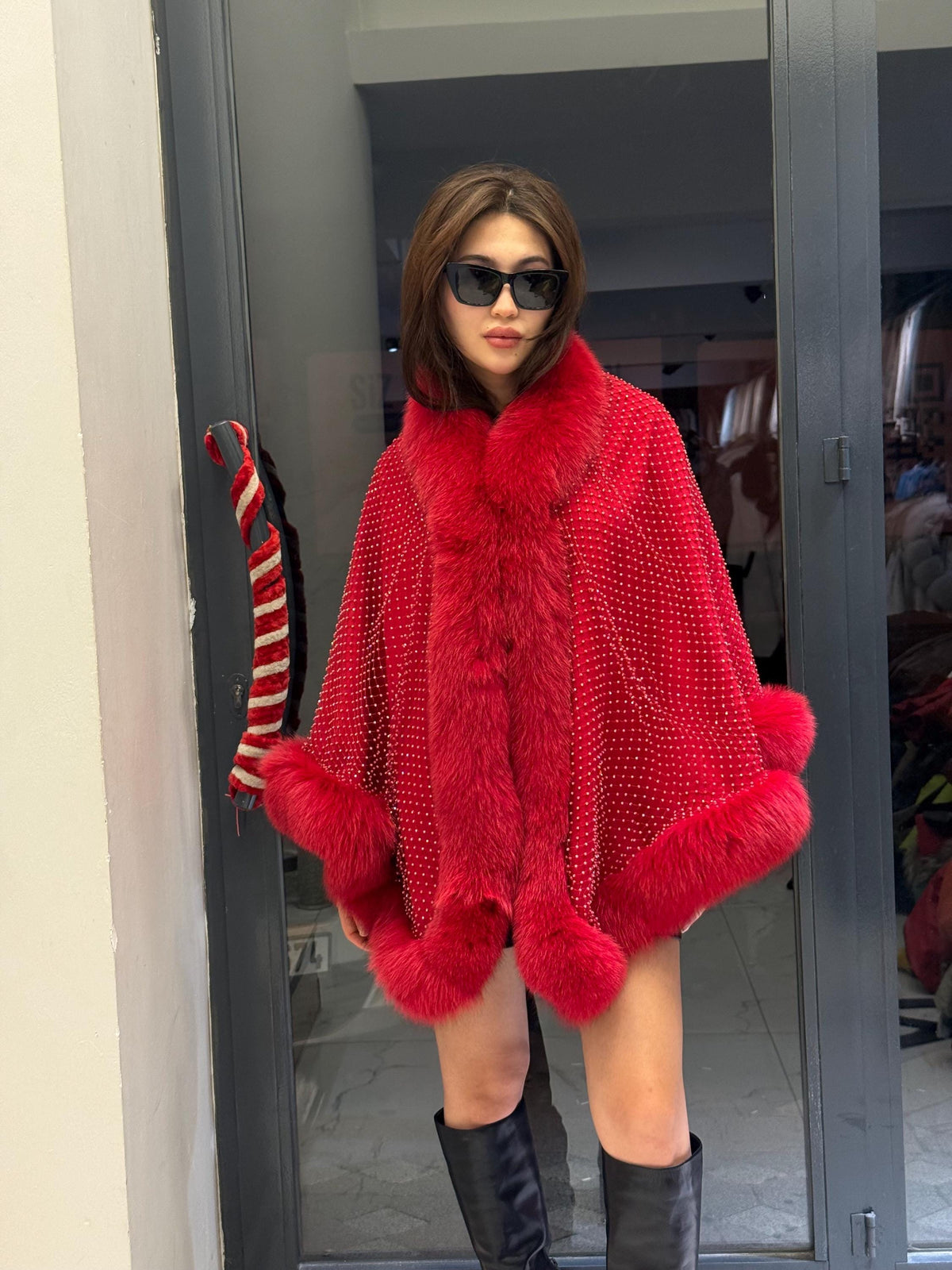 Red Cashmere Cape With Fox Fur, Front Skirt Fox Fur Jacket, Red Christmas Fantasy Cape, Women Fox Fur Jacket