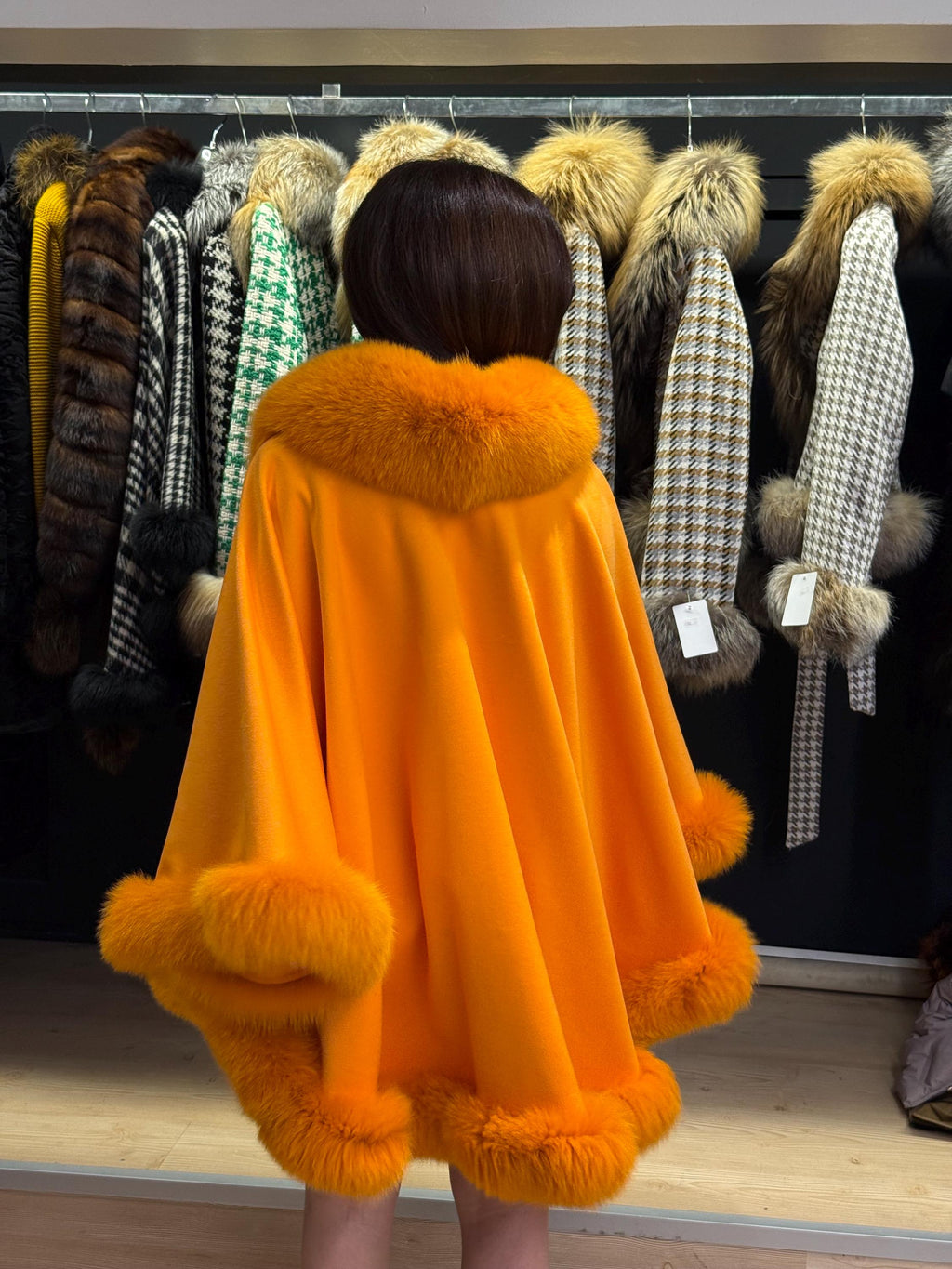 Orange Wool Cashmere Cape With Fox Fur Trim, Front Skirt Fox Fur Jacket, Women Fox Fur Jacket.- Orange Fox Fur Jacket