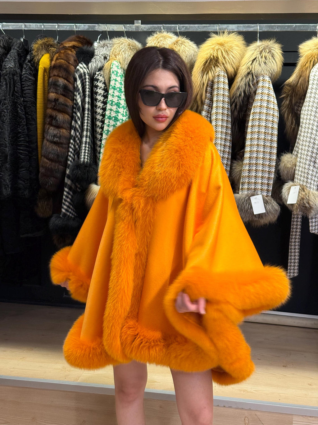 Orange Wool Cashmere Cape With Fox Fur Trim, Front Skirt Fox Fur Jacket, Women Fox Fur Jacket.- Orange Fox Fur Jacket