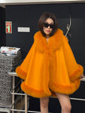 Orange Wool Cashmere Cape With Fox Fur Trim, Front Skirt Fox Fur Jacket, Women Fox Fur Jacket.- Orange Fox Fur Jacket