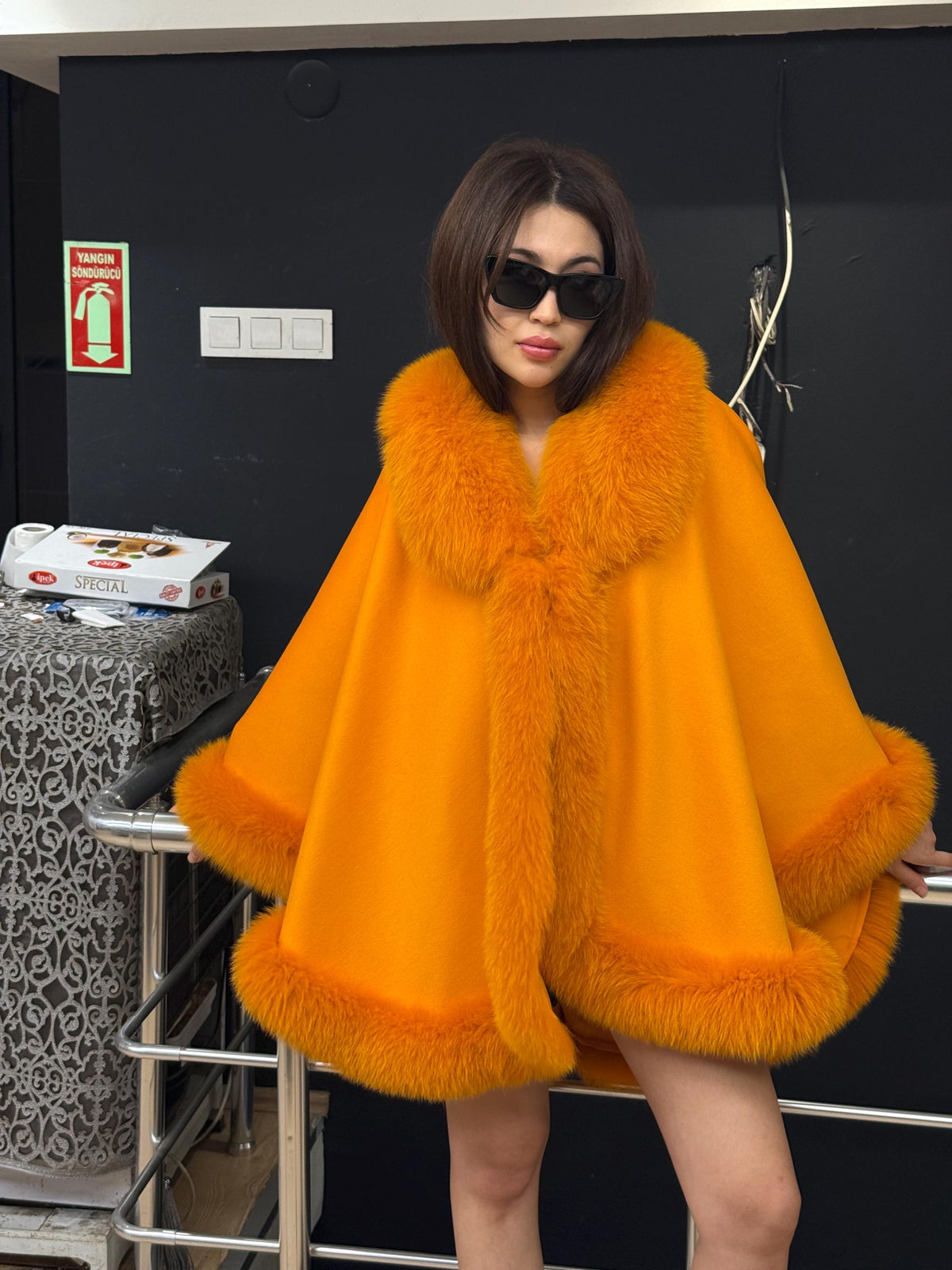 Orange Wool Cashmere Cape With Fox Fur Trim, Front Skirt Fox Fur Jacket, Women Fox Fur Jacket.- Orange Fox Fur Jacket