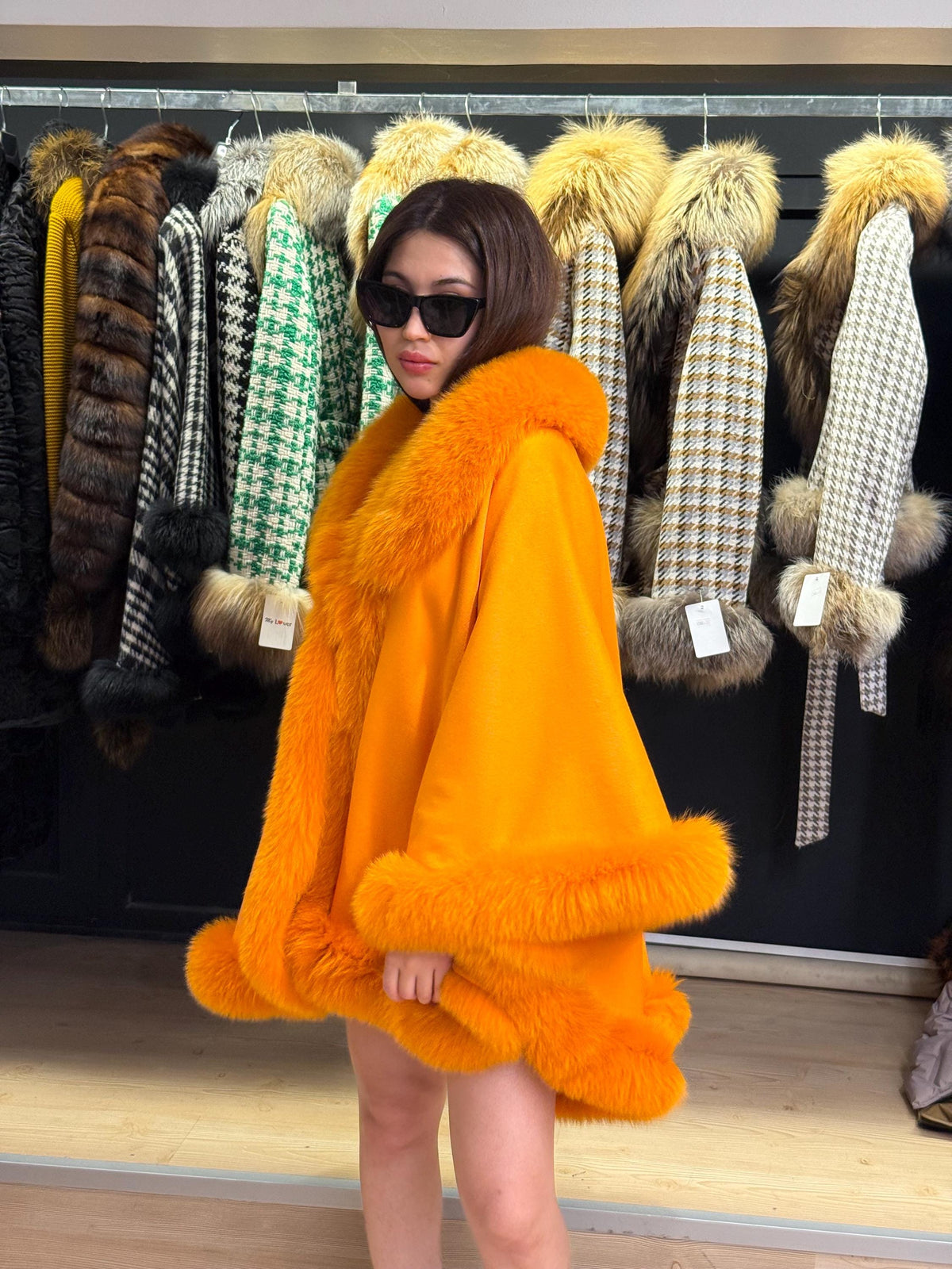 Orange Wool Cashmere Cape With Fox Fur Trim, Front Skirt Fox Fur Jacket, Women Fox Fur Jacket.- Orange Fox Fur Jacket
