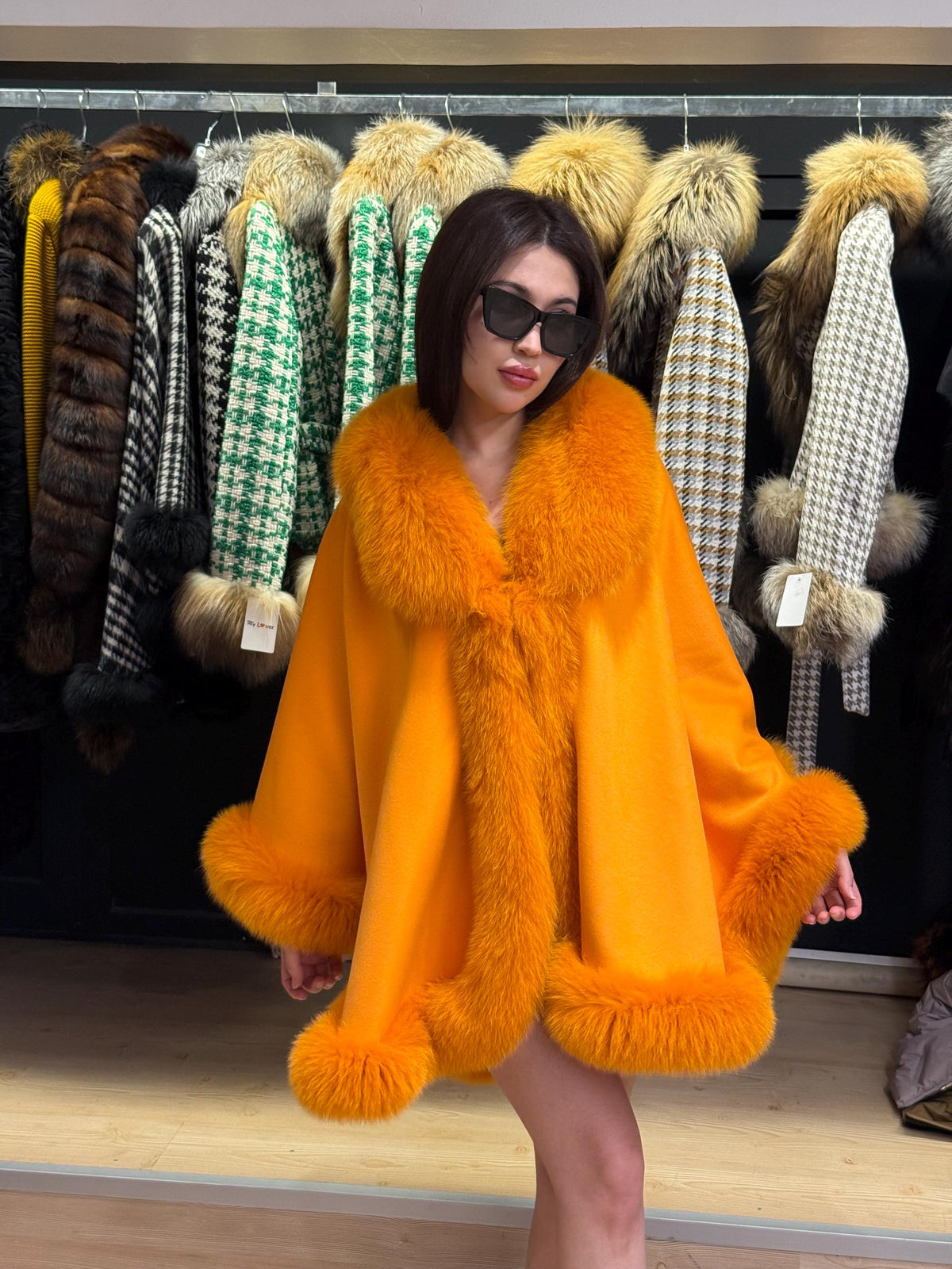 Orange Wool Cashmere Cape With Fox Fur Trim, Front Skirt Fox Fur Jacket, Women Fox Fur Jacket.- Orange Fox Fur Jacket