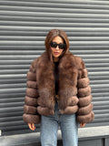 Mink Brown Fox Fur Jacket: Short With Detachable Sleeves Fox Fur Coat, Women Fox Fur Jacket.. Soft Fox Fur