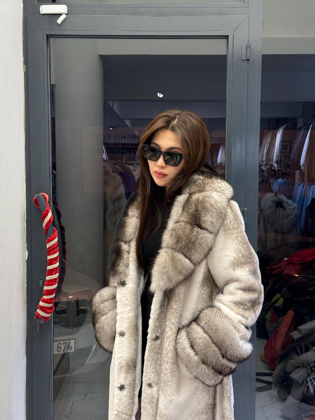 Luxury Women’s Long Beige Faux Mink Coat with Genuine Fox Fur Collar & Cuffs | Winter Fox Fur Jacket