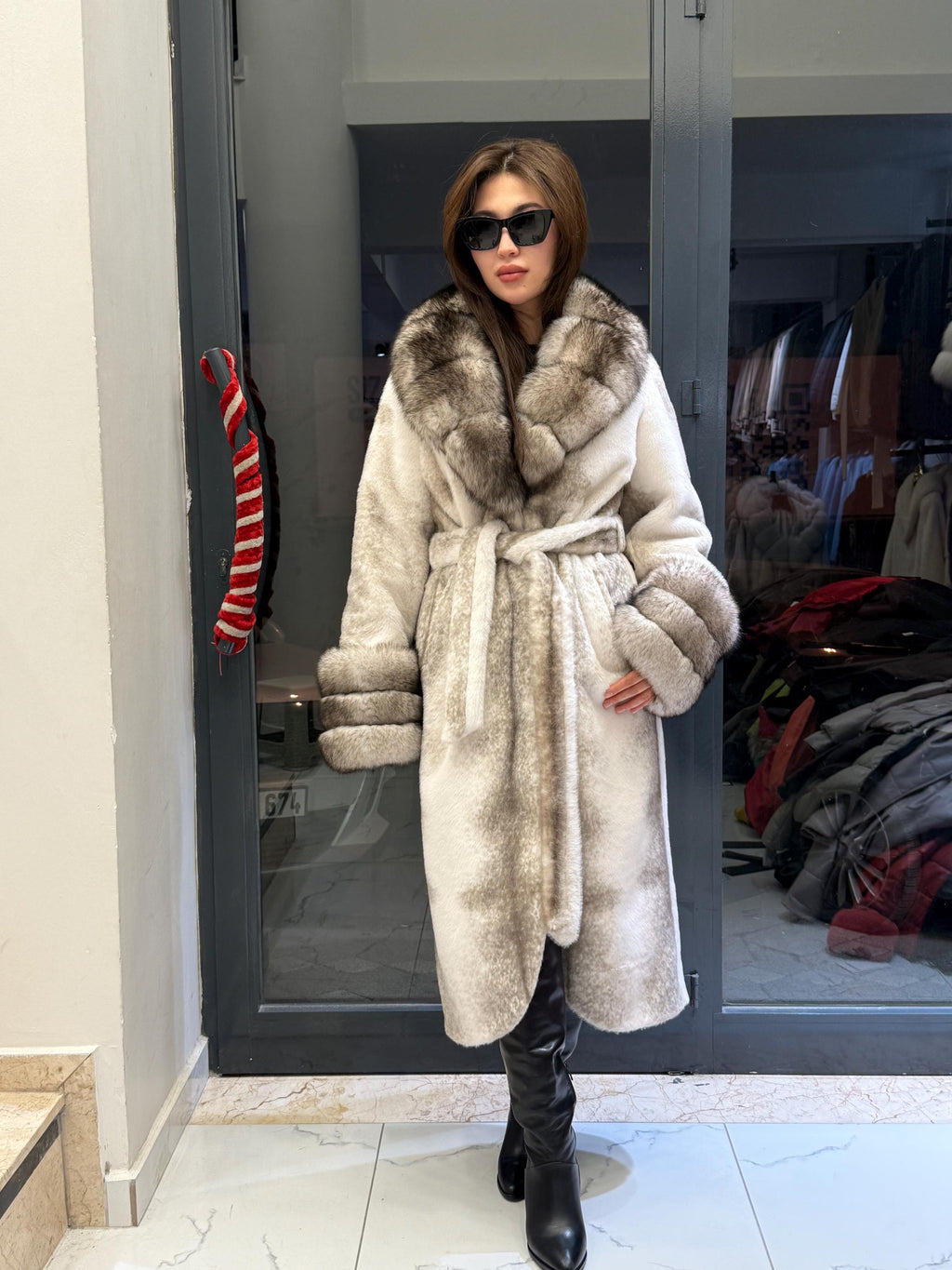 Luxury Women’s Long Beige Faux Mink Coat with Genuine Fox Fur Collar & Cuffs | Winter Fox Fur Jacket
