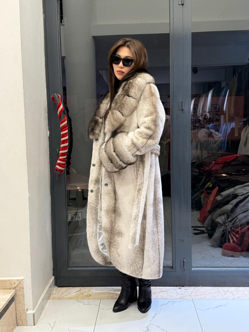Luxury Women’s Long Beige Faux Mink Coat with Genuine Fox Fur Collar & Cuffs | Winter Fox Fur Jacket