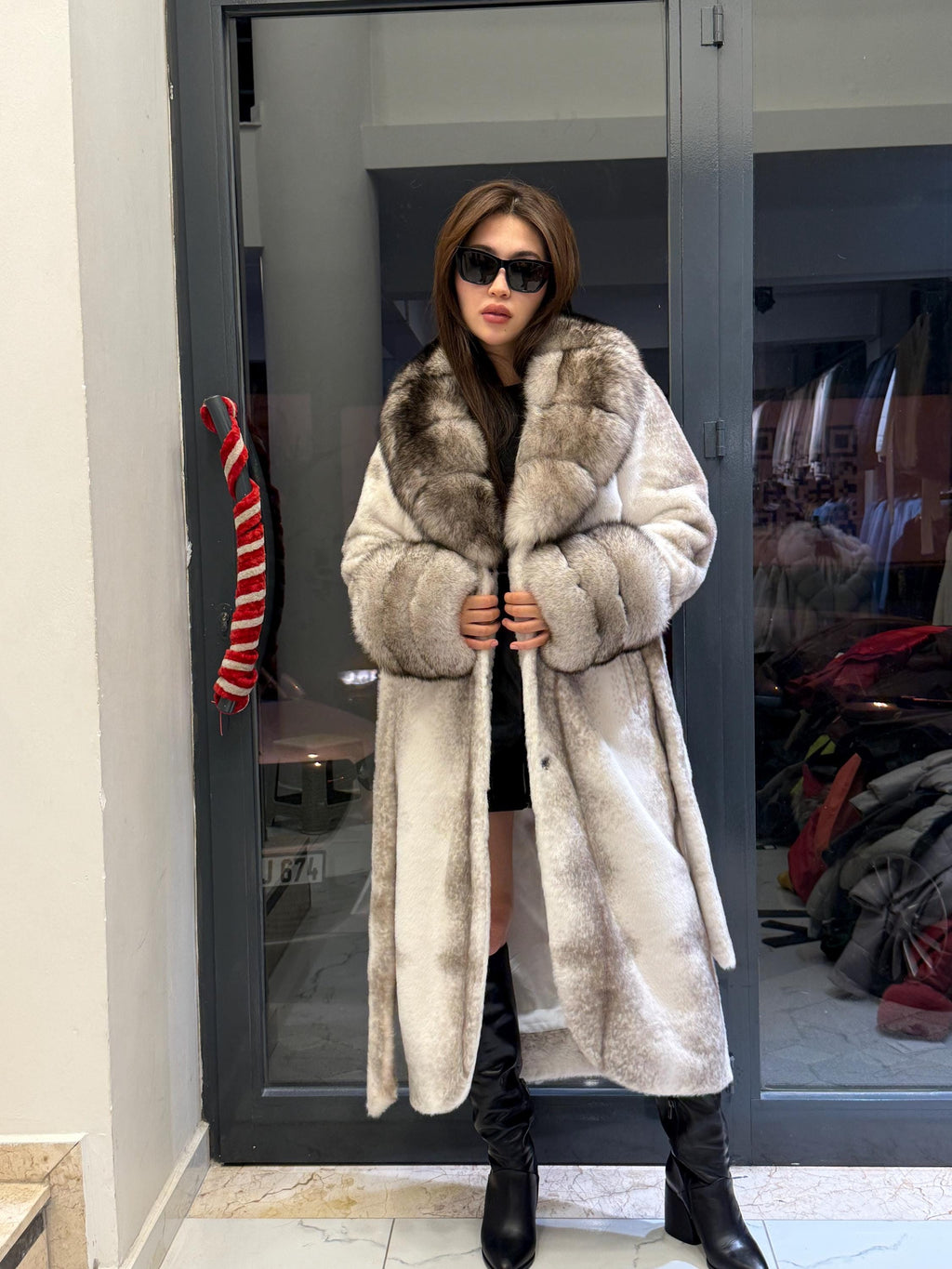 Luxury Women’s Long Beige Faux Mink Coat with Genuine Fox Fur Collar & Cuffs | Winter Fox Fur Jacket