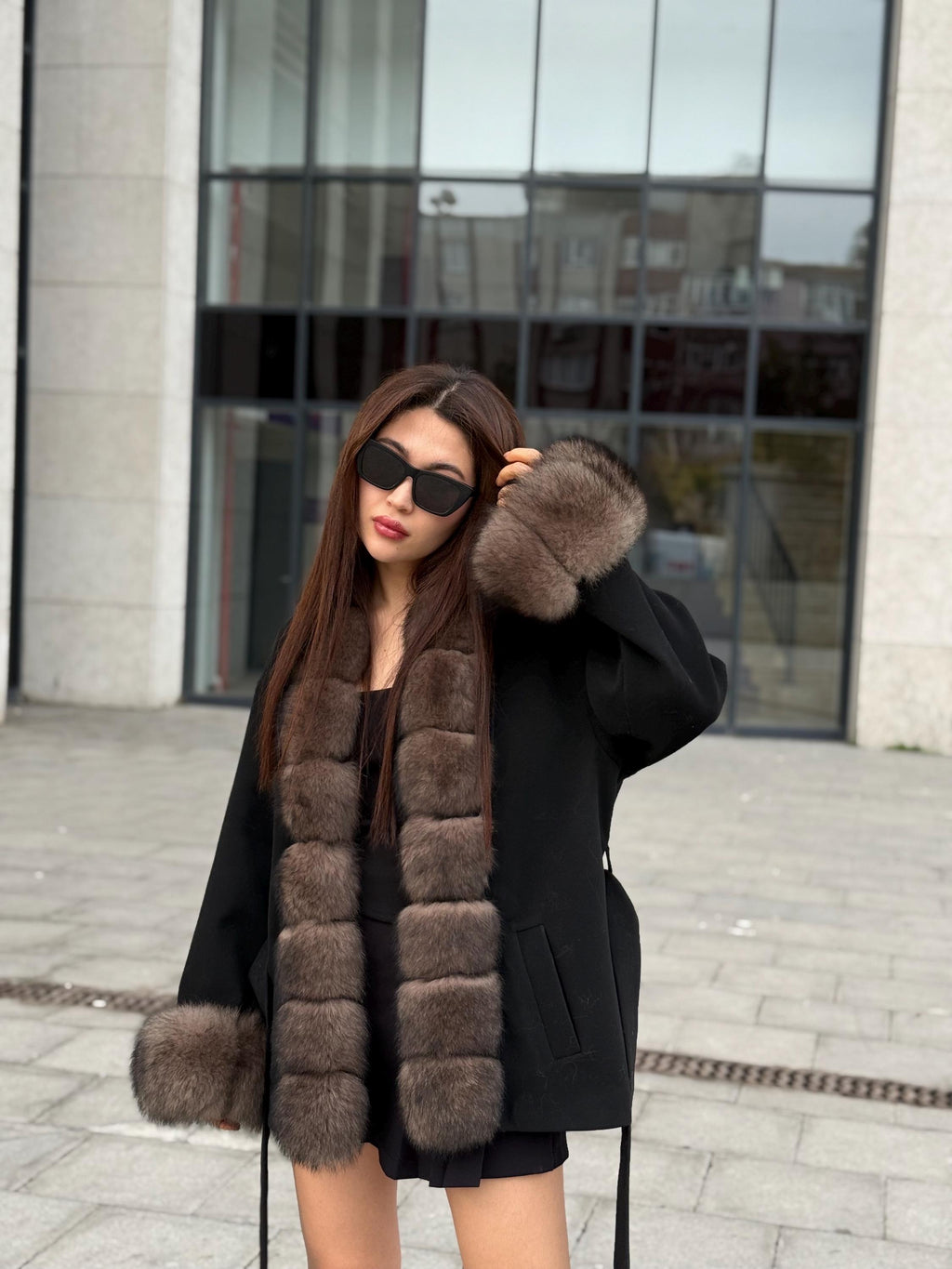 Black Short Cashmere Jacket, Front&Cuffs Fox Fur Jacket, Women Fox Fur Jacket.- Sable Brown Fox Fur Coat..- Fox Fur