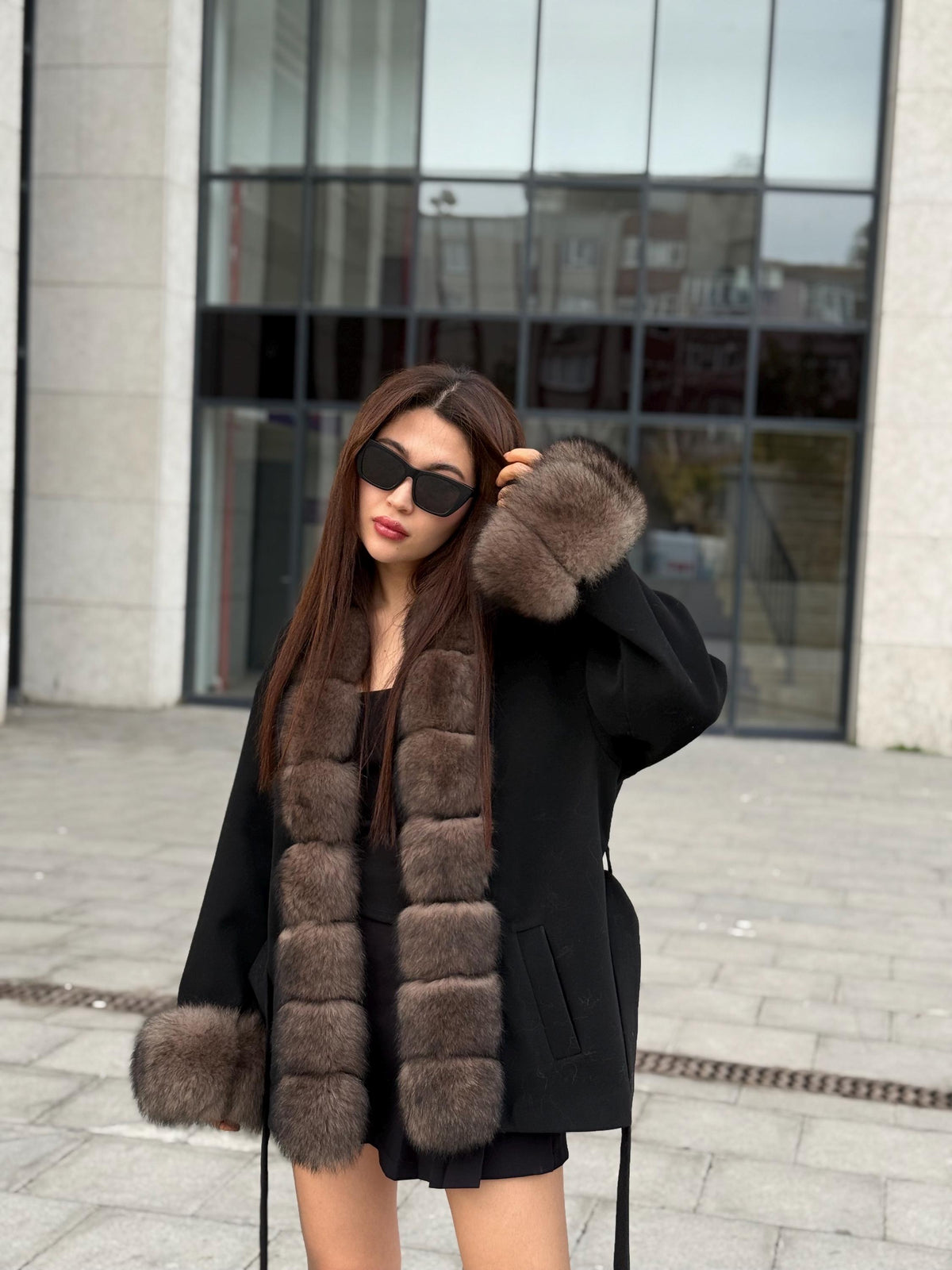Black Short Cashmere Jacket, Front&Cuffs Fox Fur Jacket, Women Fox Fur Jacket.- Sable Brown Fox Fur Coat..- Fox Fur