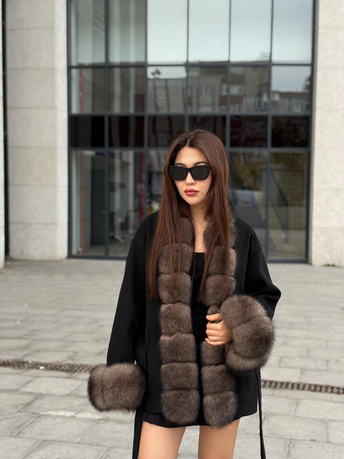 Black Short Cashmere Jacket, Front&Cuffs Fox Fur Jacket, Women Fox Fur Jacket.- Sable Brown Fox Fur Coat..- Fox Fur