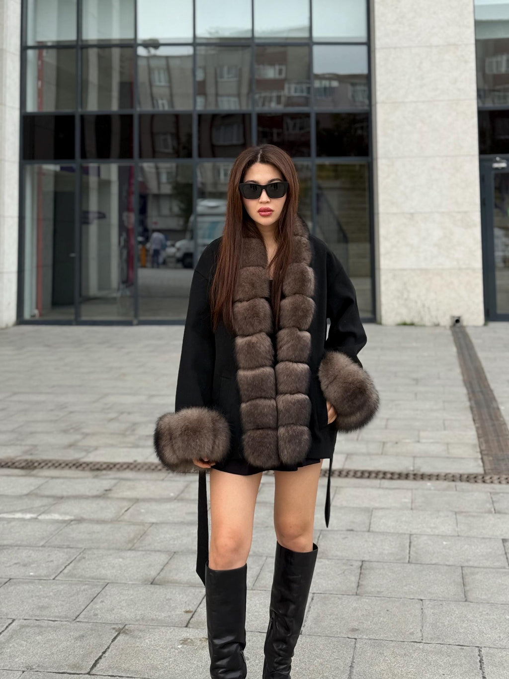 Black Short Cashmere Jacket, Front&Cuffs Fox Fur Jacket, Women Fox Fur Jacket.- Sable Brown Fox Fur Coat..- Fox Fur