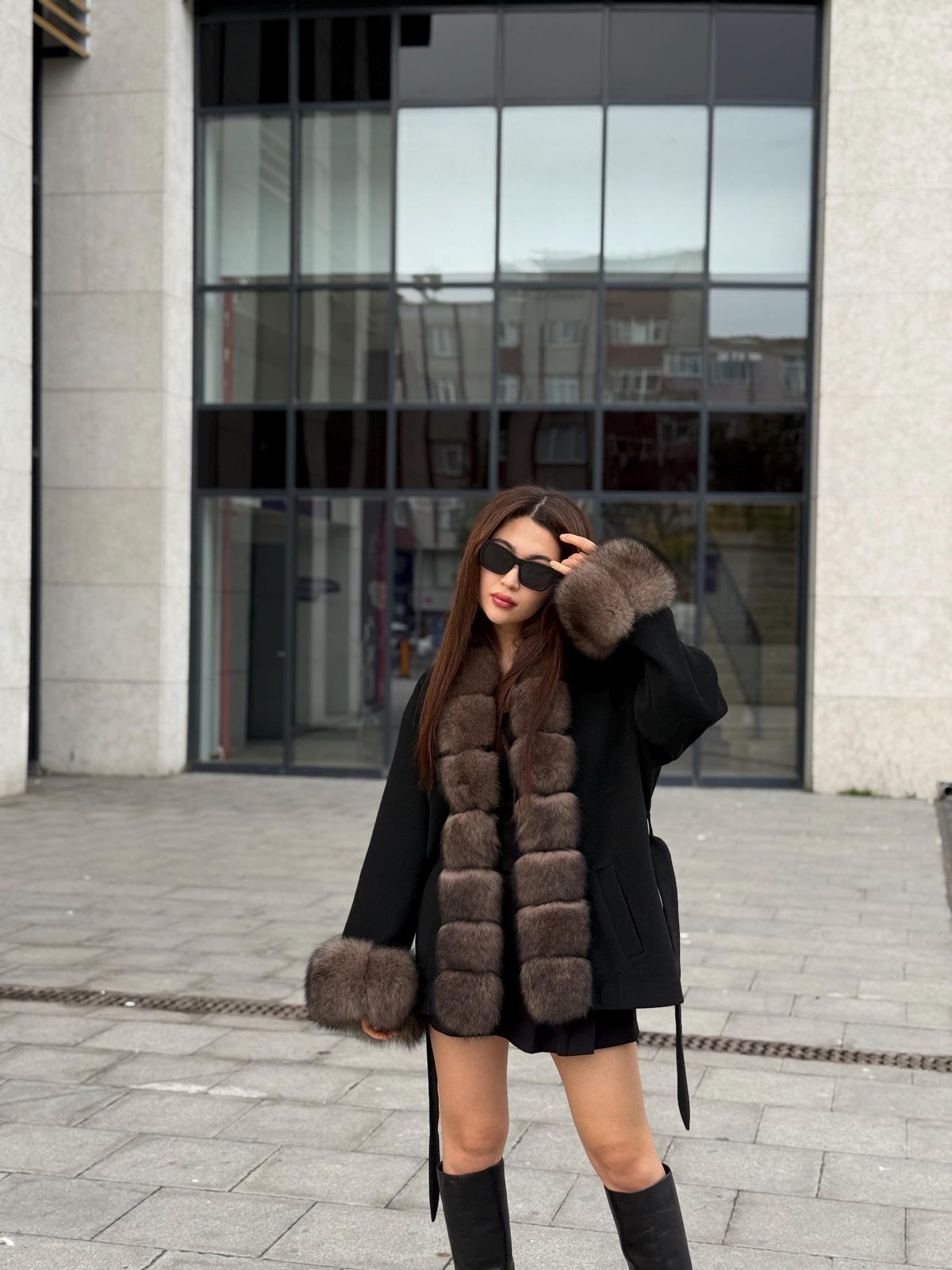 Black Short Cashmere Jacket, Front&Cuffs Fox Fur Jacket, Women Fox Fur Jacket.- Sable Brown Fox Fur Coat..- Fox Fur