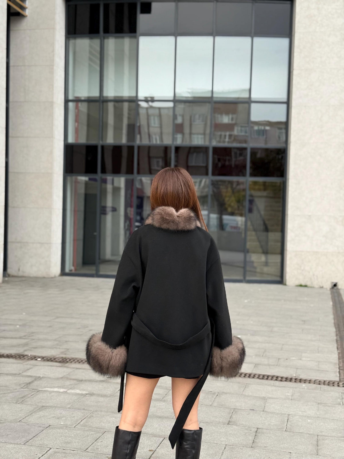 Black Short Cashmere Jacket, Front&Cuffs Fox Fur Jacket, Women Fox Fur Jacket.- Sable Brown Fox Fur Coat..- Fox Fur