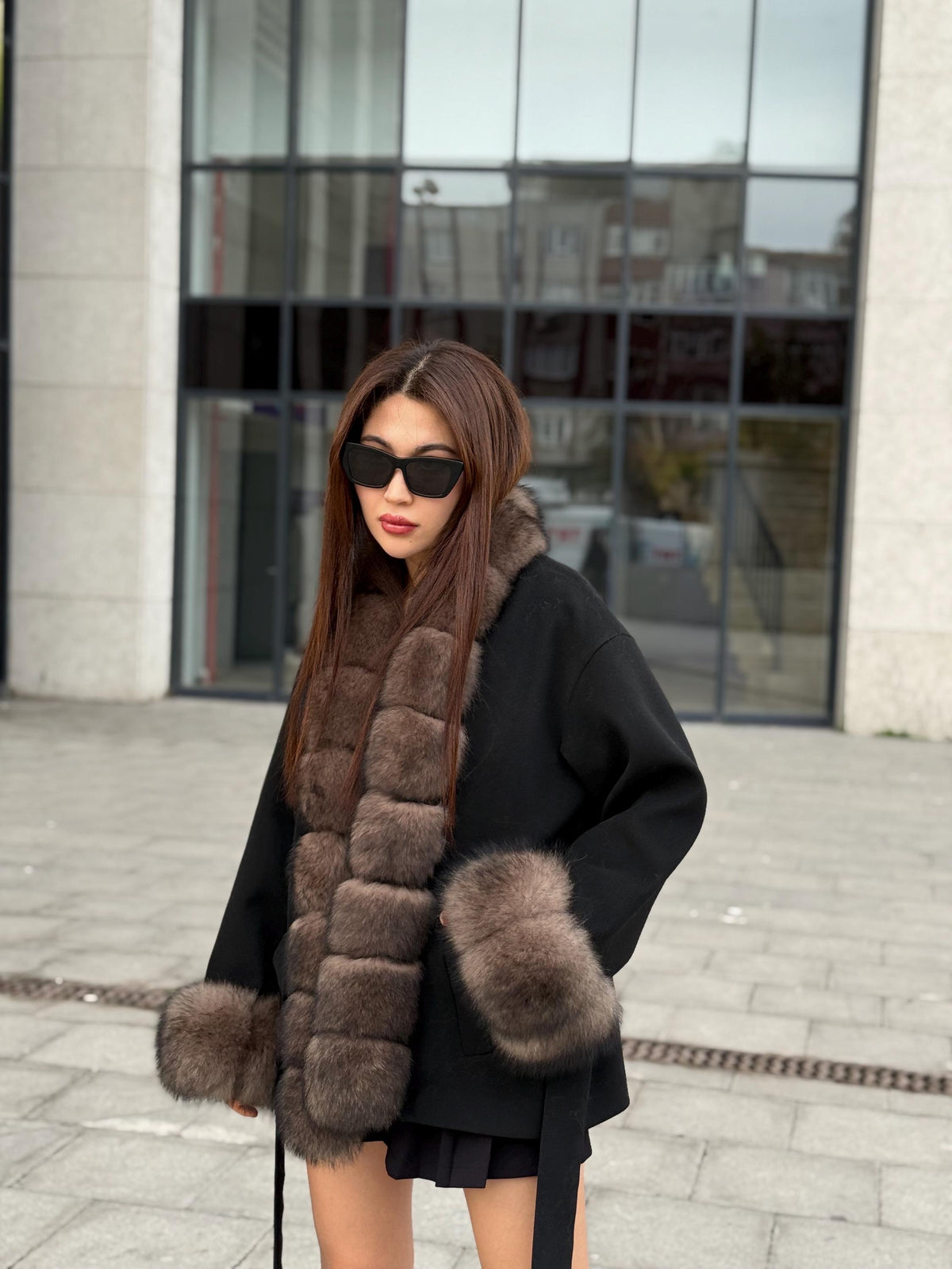 Black Short Cashmere Jacket, Front&Cuffs Fox Fur Jacket, Women Fox Fur Jacket.- Sable Brown Fox Fur Coat..- Fox Fur