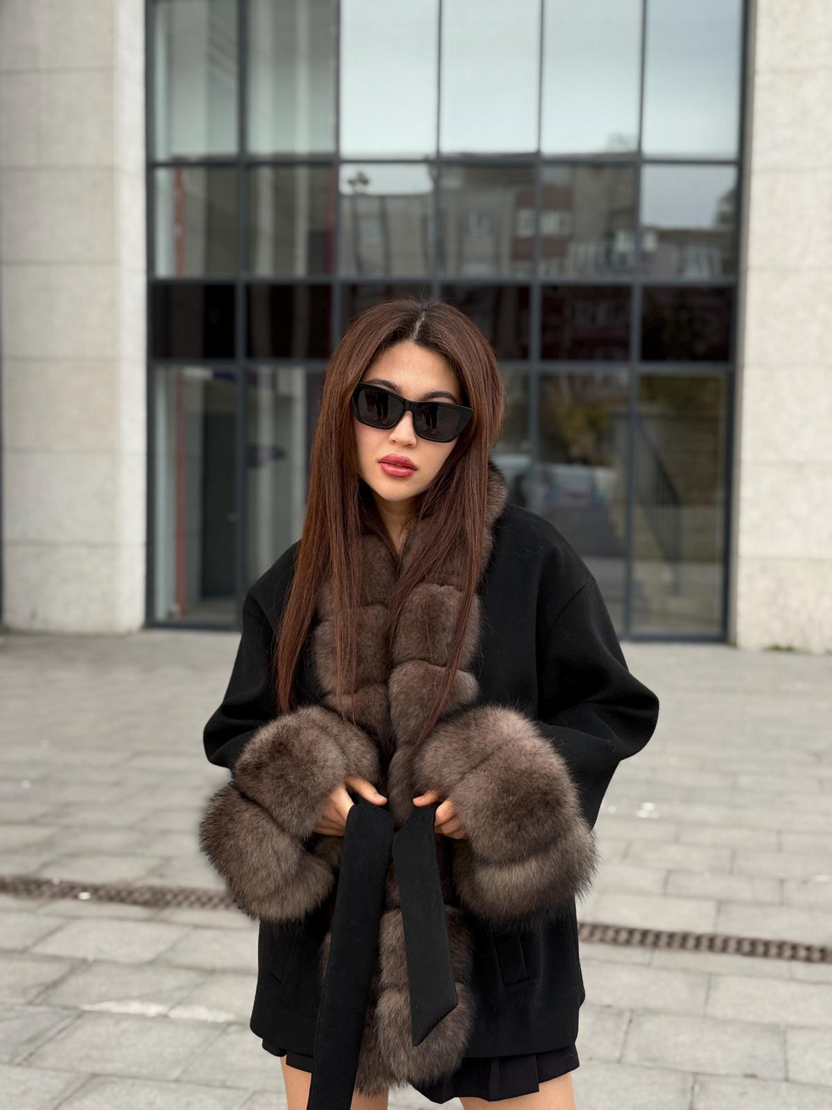 Black Short Cashmere Jacket, Front&Cuffs Fox Fur Jacket, Women Fox Fur Jacket.- Sable Brown Fox Fur Coat..- Fox Fur